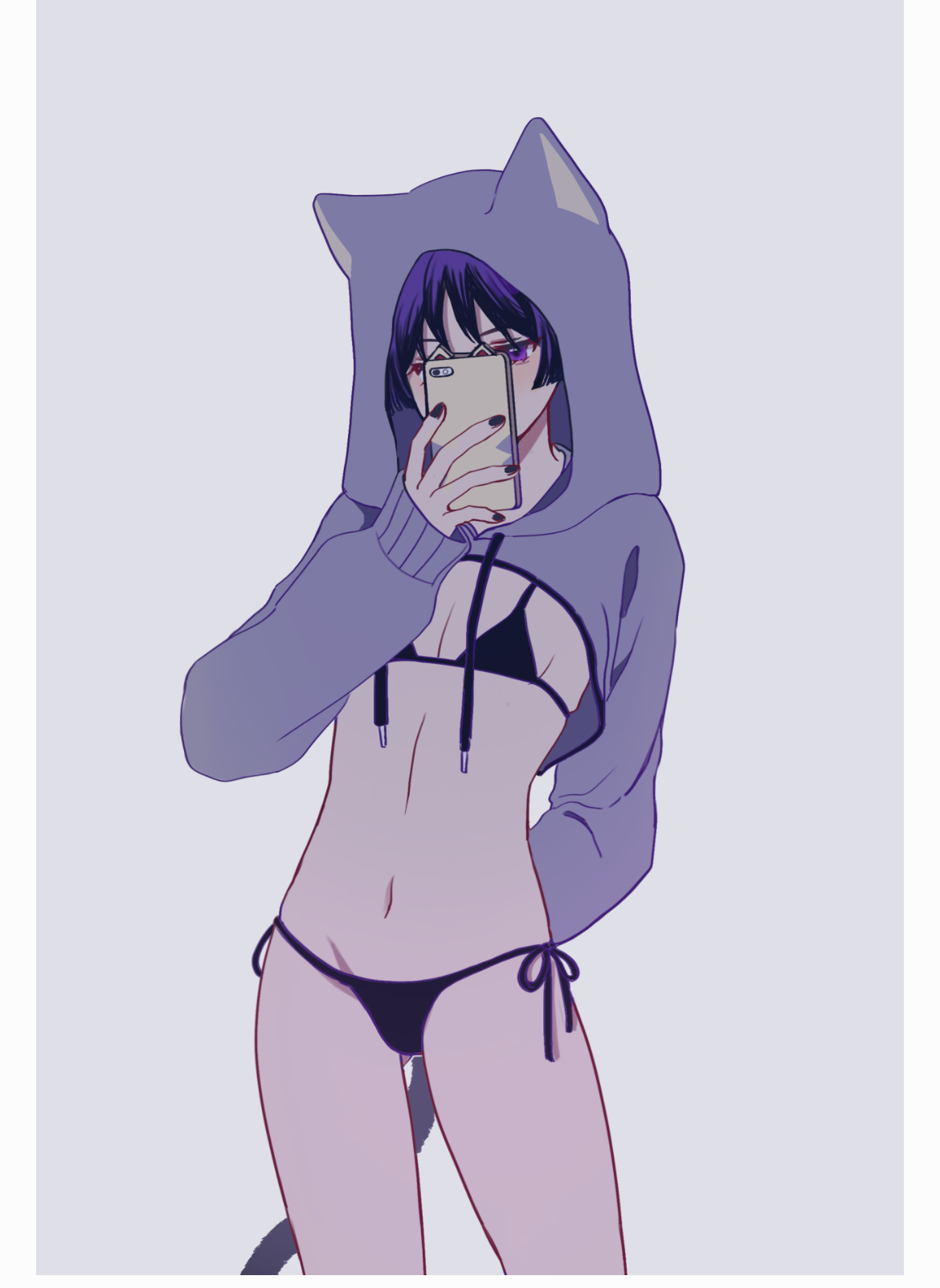 artist request, bikini, cat boy, cat tail, catboy, cute, digital media (artwork), femboy, genshin impact, male, male with painted nails, purple eyes, purple hair, scaramouche (genshin impact), selfie, small waist, solo, solo male, thighs