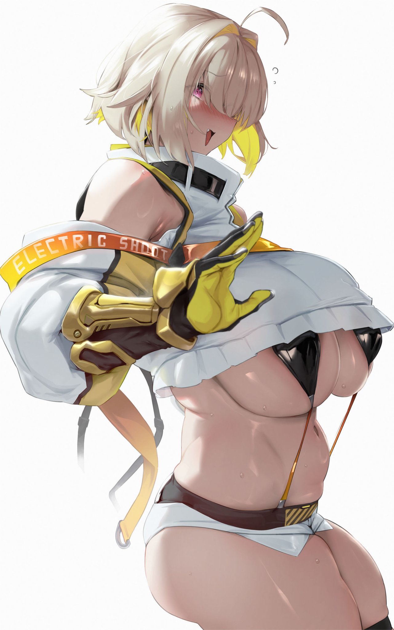 1girls, ahoge, blonde hair, blush, bra, breasts, elegg (nikke), female, female only, from side, goddess of victory: nikke, hair over eyes, hotpants, large breasts, open mouth, plump, purple eyes, short hair, sweat, thick thighs, underboob, white background