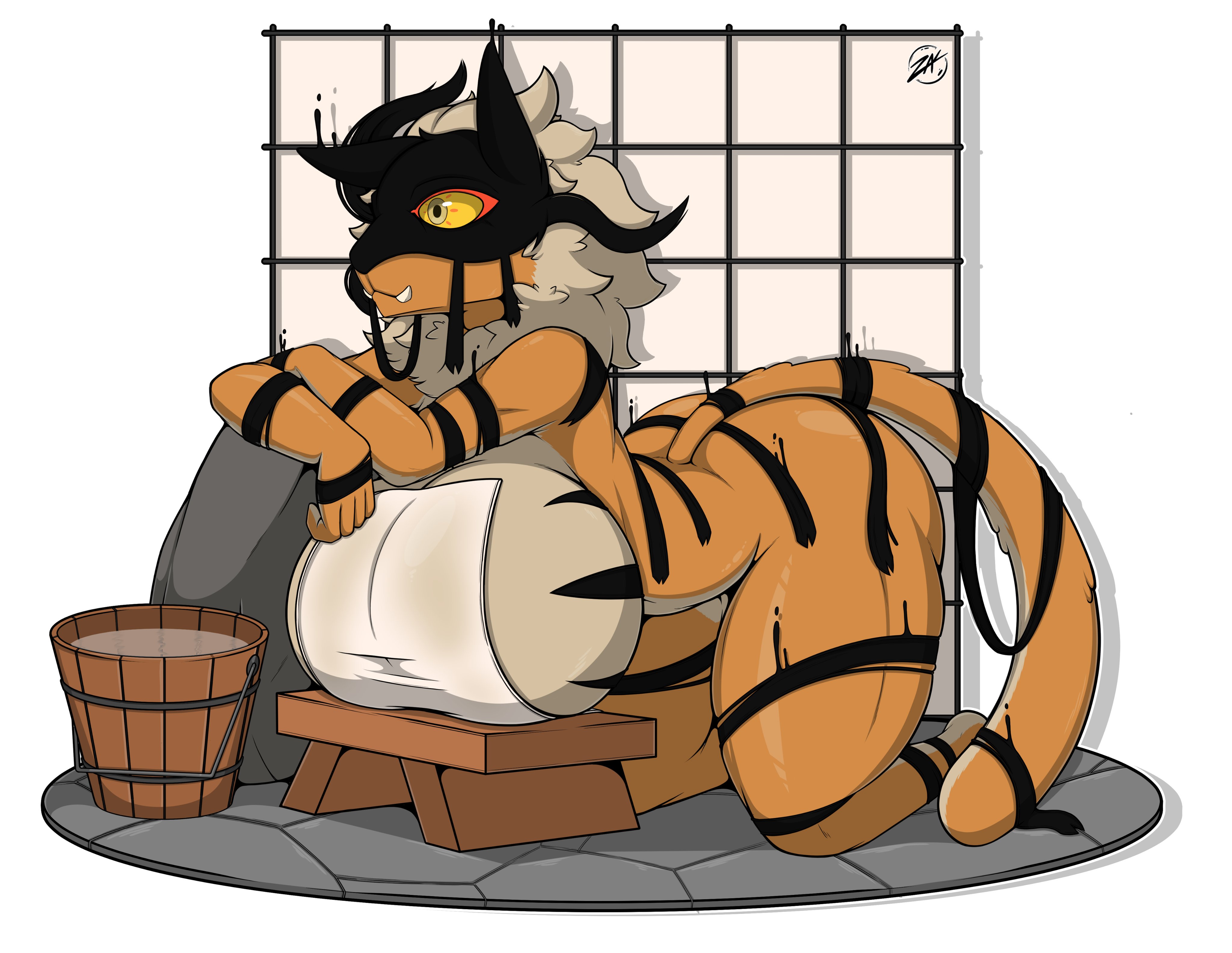 1girls, 2020s, 2024, 5 fingers, anthro, anthro only, ass, bathhouse, big ass, big breasts, big thighs, breasts, busty, cleavage, covered nipples, dream tiger (govy9807), female, female focus, female only, fur, furry, furry female, furry only, hi res, highres, hips, hourglass figure, large breasts, large thighs, mask, masked, masked female, nude, nude female, on knees, slim waist, solo, solo female, solo focus, tail, thick thighs, thighs, towel, towel only, voluptuous, wide hips, yellow sclera, zak hitsuji