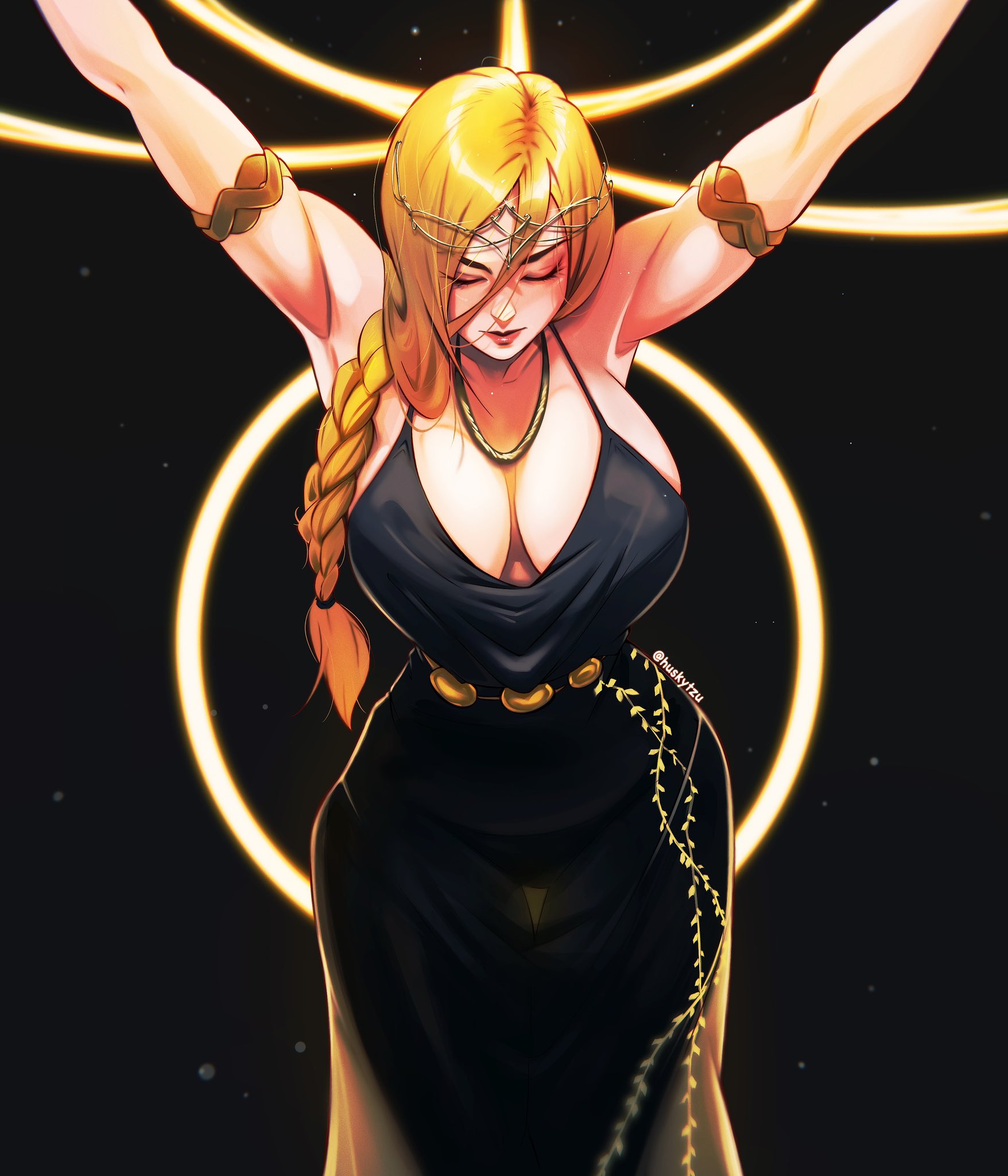 armpits, arms up, big breasts, blonde hair, braid, breasts, cleavage, closed eyes, elden ring, female, female only, fromsoftware, huge breasts, huskytzu, light skin, light-skinned female, milf, queen marika the eternal, sideboob