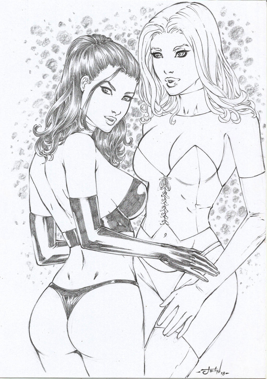 2girls ass big_breasts black_and_white black_queen breasts corset curvy curvy_female dat_ass emma_frost female female_only hellfire_club hourglass_figure jean_grey jeanartes marvel marvel_comics panties thong thong_panties traditional_art traditional_media_(artwork) white_queen x-men