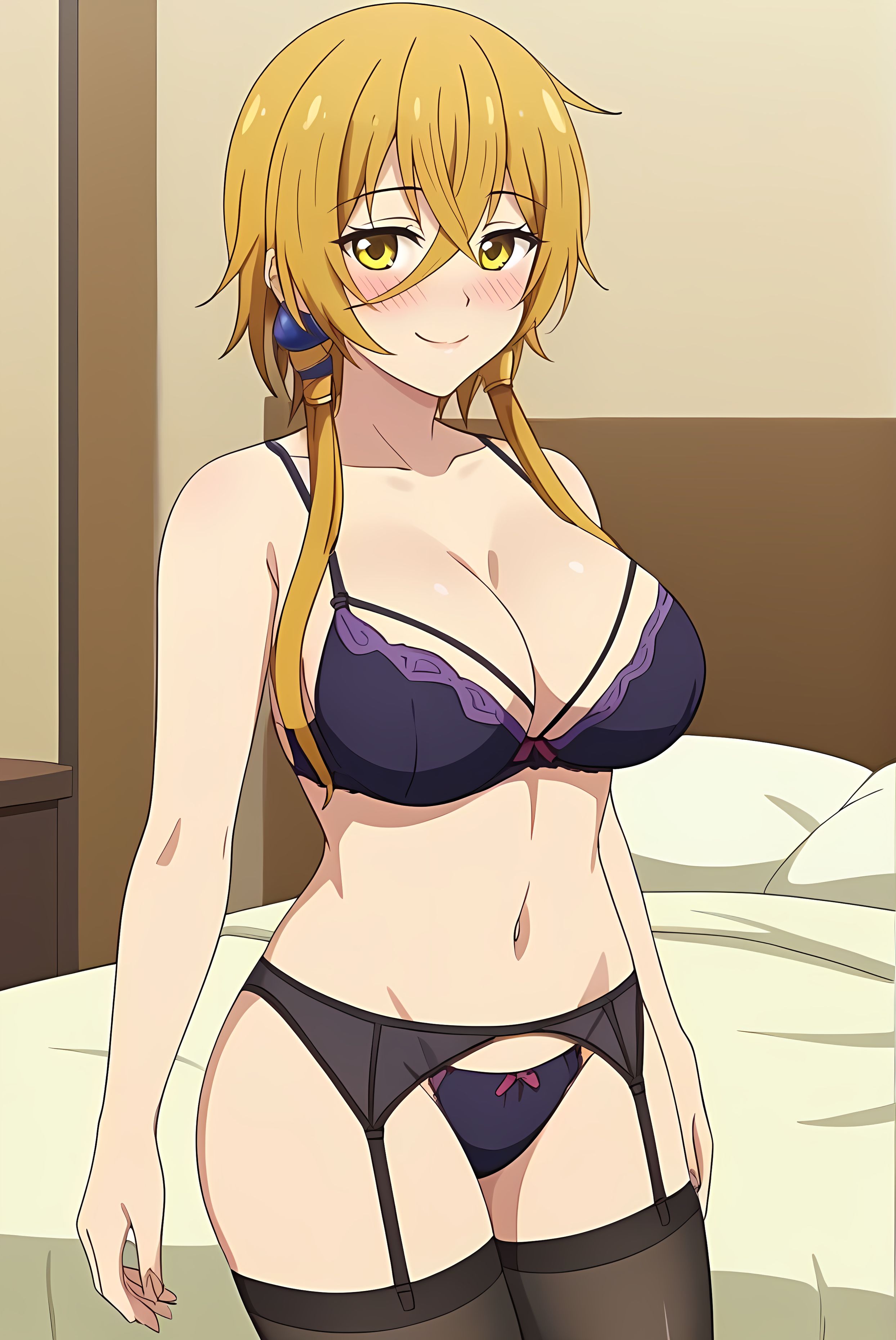 1girls, ai assisted, ai generated, bed, bedroom, big breasts, blonde hair, blonde-haired female, bra, breasts, female, female only, garter belt, hi res, highres, hiya (lv2 cheat), indoors, light skin, light-skinned female, lv2 kara cheat datta motoyuusha kouho no mattari isekai life, panties, room, solo, solo female, standing