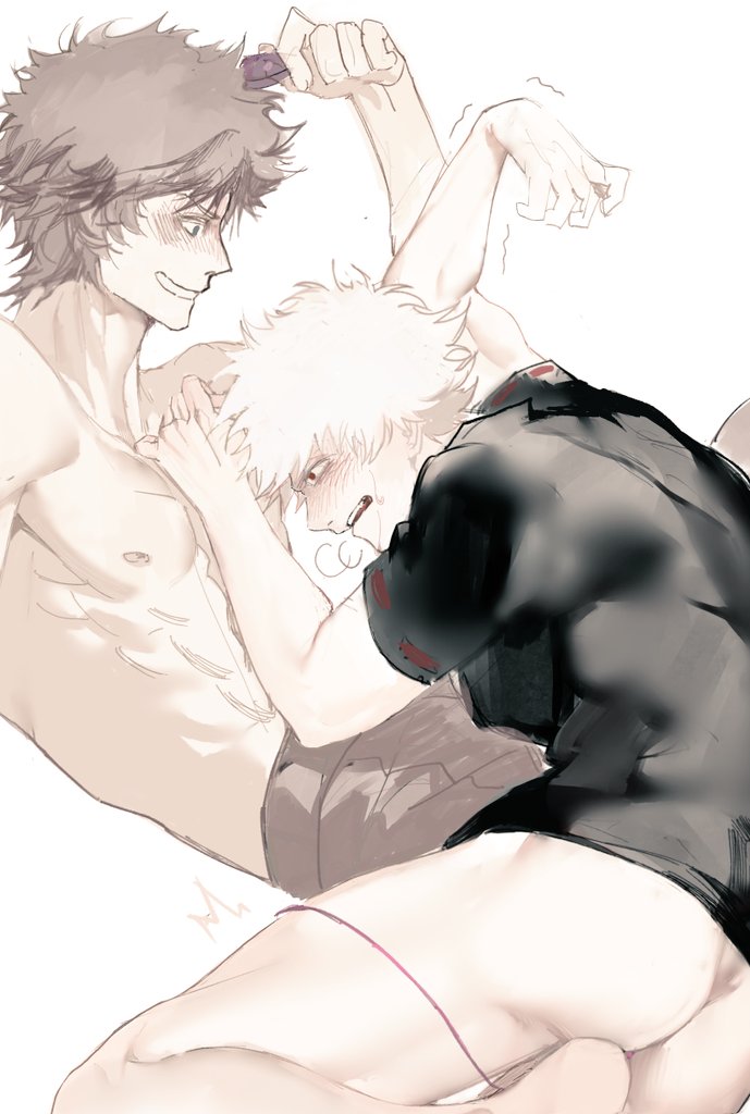 2boys ass blush bottomless breath brown_hair gay gintama gintoki_sakata male male_only pale-skinned_male pale_skin remote_control_vibrator sakamoto_tatsuma smile toned toned_male topless_male vibrator vibrator_cord vibrator_in_ass white_hair yaoi yuzhoufeitian