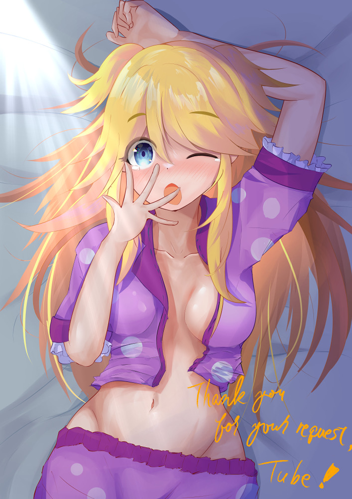 1girls blonde_hair blue_eyes breasts cleavage female_only hips long_hair lying ninon_(princess_connect!) on_back on_bed one_eye_closed open_mouth open_shirt princess_connect! sleepy