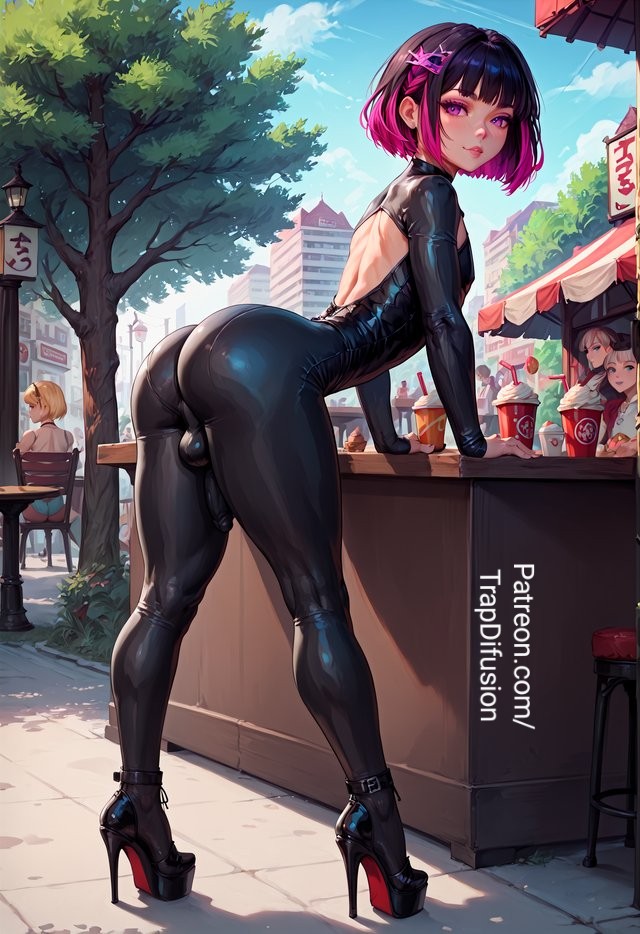 ai generated, bdsm outfit, bondage, bulge, catsuit, cock, dick, exibitionism, exposed back, femboy, heels, leather, male, penis, pervert, public, slave, trap