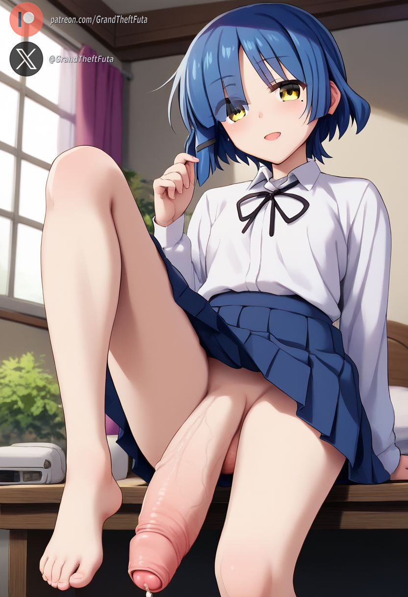 1futa, ai generated, balls, big penis, blue eyes, blue hair, blush, bocchi the rock!, clothed, cock, feet, flaccid, foot fetish, foreskin, from below, futa only, futa sans pussy, futanari, huge cock, indoors, intersex, leg up, light skin, light-skinned futa, looking at viewer, penis, roxygtf, short hair, sitting, solo, uncircumcised, viewed from below, yamada ryou, yellow eyes