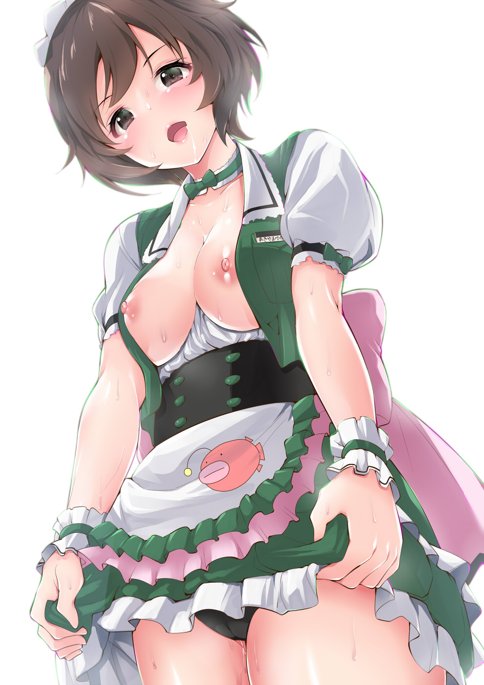 1girls, akiyama yukari, alternate costume, amasora taichi, apron, apron lift, areolae, back bow, bangs, black panties, blush, bow, bowtie, breasts, breasts out, brown eyes, brown hair, cameltoe, choker, collarbone, drooling, exposed breasts, eyebrows visible through hair, female, female only, flashing, from below, girls und panzer, green bow, green skirt, green vest, head tilt, highres, looking at viewer, looking back, low-angle view, maid headdress, medium breasts, nipples, no bra, open clothes, open mouth, open shirt, open smile, panties, pink bow, puffy short sleeves, puffy sleeves, pussy, pussy juice, pussy juice trail, saliva, shirt, short hair, short sleeves, simple background, skirt, skirt lift, smile, solo, sweat, sweatdrop, translation request, underwear, uniform, upskirt, vest, waist apron, waitress, wet pussy, white apron, white background, white shirt, white skin, wrist cuffs