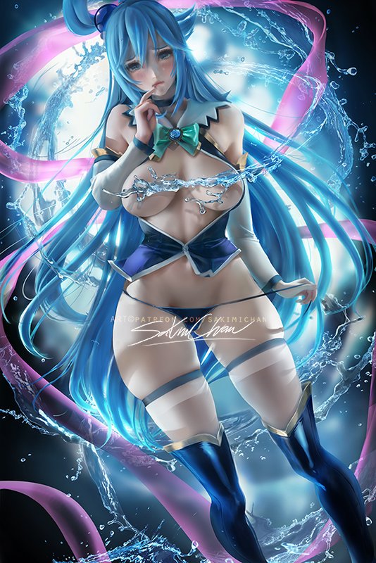 1girls, aqua (konosuba), blue hair, boots, female, female focus, female only, heel boots, high heel boots, kono subarashii sekai ni shukufuku wo!, sakimichan, tagme, thigh boots, thighhigh boots