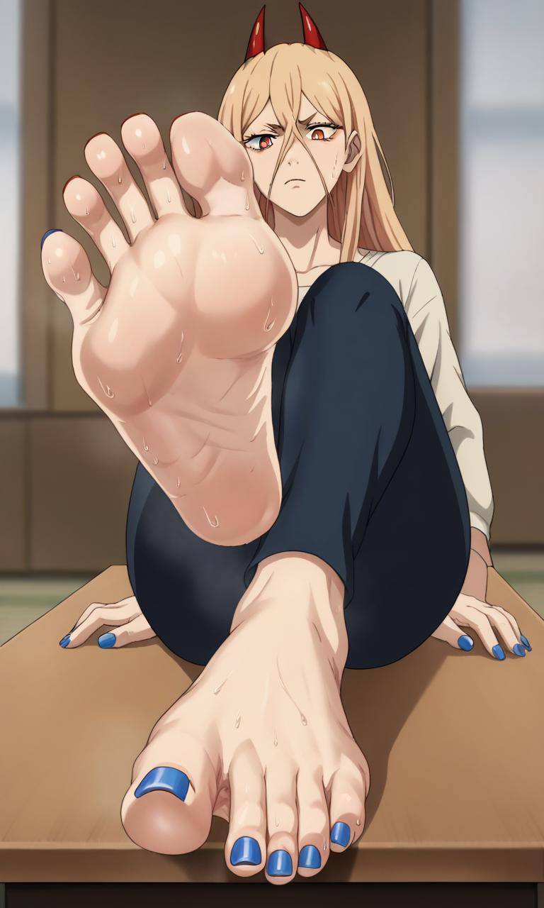 ai generated, angry, angry face, barefoot, barefoot under trousers, blue toenails, chainsaw man, feet, female, horns, power (chainsaw man), sweat, sweatdrop, sweaty feet, tagme, toenail polish, toenails, toes