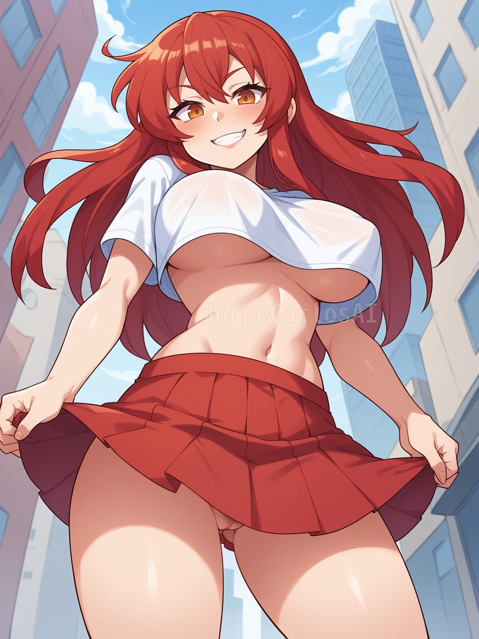 1girls, ai generated, big breasts, blue sky, blush, blush lines, breasts, city, cityscape, clouds, female, female focus, female only, from below, from below view, huge breasts, jorgecarlosai, long hair, looking at viewer, looking at you, looking down, midriff, naked, naked female, navel, no underwear, nude, nude female, orange eyes, pubic hair, public, pussy, red hair, shirt, skirt, smile, smirk, teeth, thick thighs, underboob, vagina, watermark, white shirt
