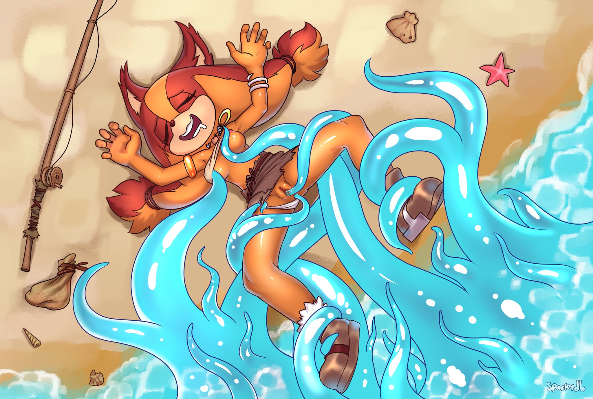 1girls, anal, anthro, badger, beach, blue tentacles, breasts, chaos (sonic), closed eyes, clothing, double penetration, female, fondling, furry, highres, interspecies, looking pleasured, mustelid, musteline, nipples, ocean, open mouth, panties, panties aside, penetration, pussy, restrained, sex, shirt, shirt lift, skirt, skirt lift, sonic (series), sonic boom, sparkydb, spread legs, sticks the badger, sticks the jungle badger, sticks the tejon, tentacle, tentacle rape, vaginal penetration, white panties