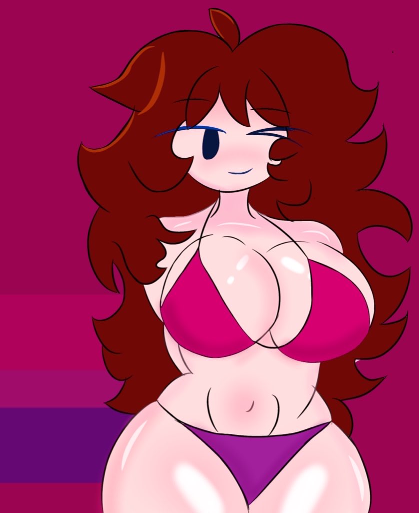 big_breasts bikini bikini_bottom bisexual bisexual_female blush female fnf fnf_mods friday_night_funkin girlfriend_(friday_night_funkin) hanbruer looking_at_viewer lullaby_girlfriend_(fnf) nipples pride_color_flag pride_flag smile thick_thighs winking_at_viewer