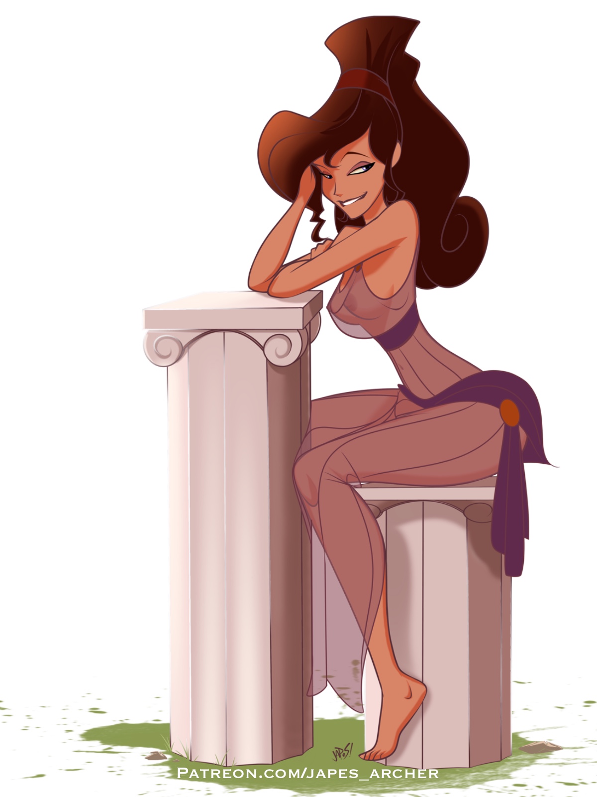 1girls, areolae, biting lip, breasts, brown hair, clothing, curvy, disney, female, female only, hair, hercules (disney), japes, lip biting, long hair, megara, nipples, pillar, see-through, sheer clothing, solo