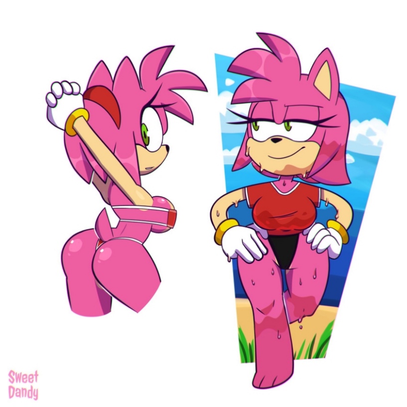 1girls, amy rose, animal ears, animal nose, artist name, ass, bracelet, breasts, closed mouth, dated, female, furry, furry female, gloves, green eyes, hairband, hand on hip, jewelry, monamania, multiple females, multiple girls, pink hair, red dress, red hairband, short hair, signature, smile, sonic (series), sonic the hedgehog (series), standing, white gloves