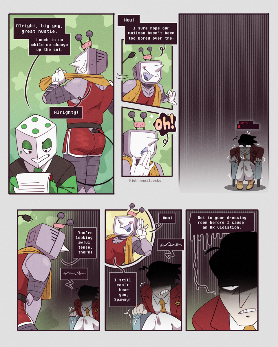 battat (deltarune), comic page, deltarune, desperation, gay, johnnywilcocks, pippins (deltarune), small mike (deltarune), spamtenna, spamton g spamton, tenna (deltarune), undertale (series), yaoi