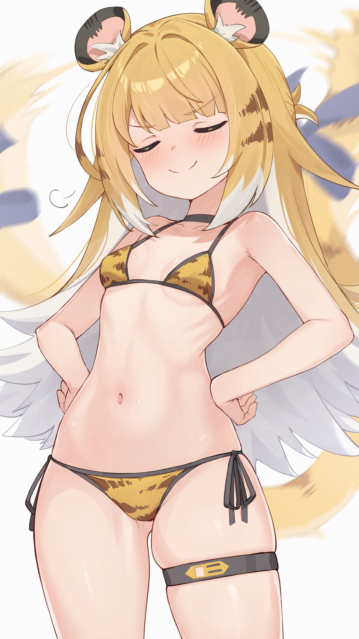 1girls, bikini, bitseon, blush, breasts, cat ears, cat tail, catgirl, choker, closed eyes, confident, confident female, female, female only, hands on hips, ju fufu, long hair, long tail, navel, pale skin, pale-skinned female, petite, petite body, petite female, side-tie bikini, side-tie panties, small breasts, string bikini, striped bikini, swimsuit, thigh strap, tiger girl, two-tone hair, yellow hair, zenless zone zero