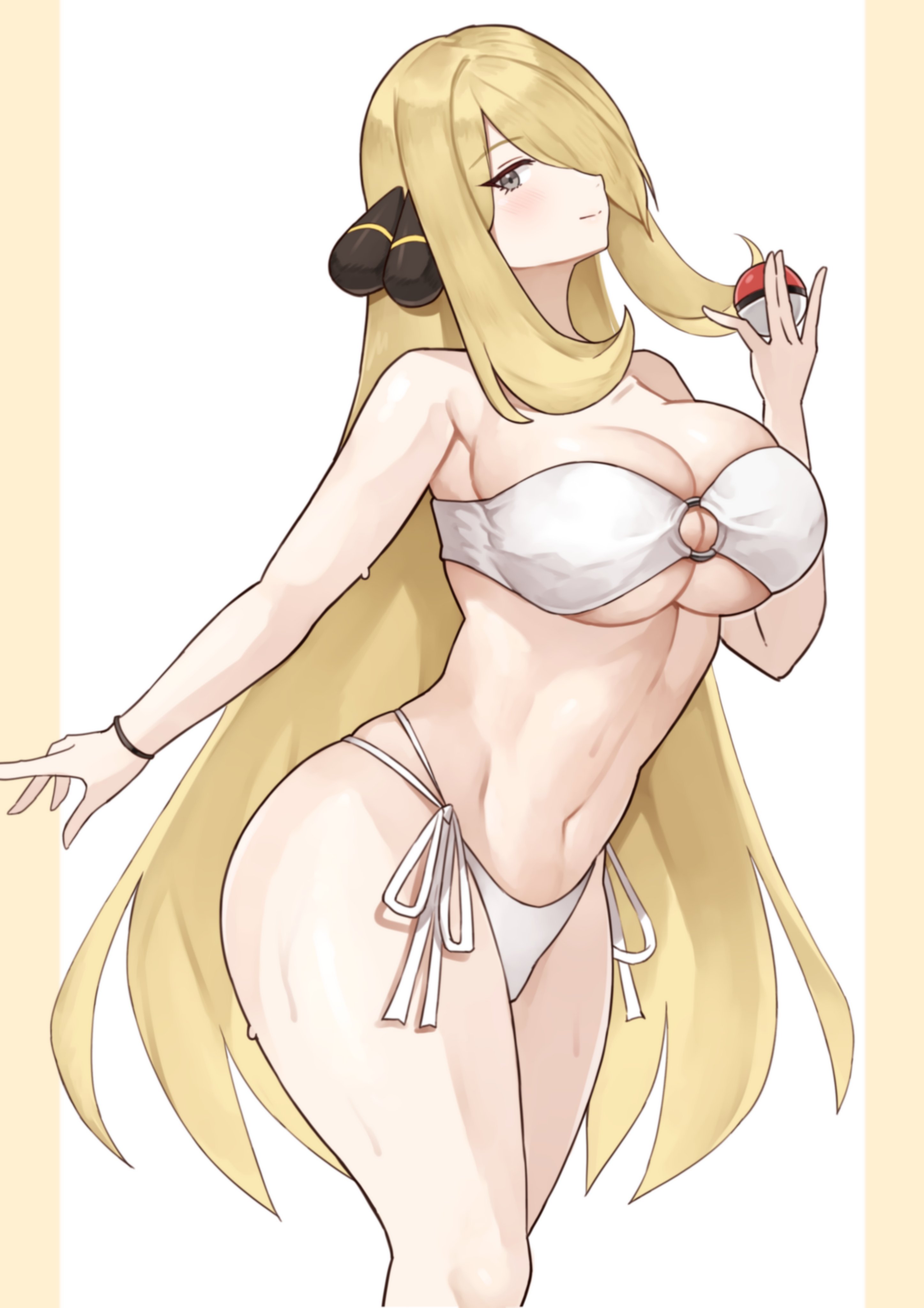 1girls, bikini, blonde hair, breasts, cleavage, cynthia (pokemon), female, female only, game freak, hair over one eye, huge breasts, long hair, looking at viewer, nintendo, oniisan02b, pokemon, pokemon dppt, silver eyes, strapless bikini, voluptuous, yotsuhauni