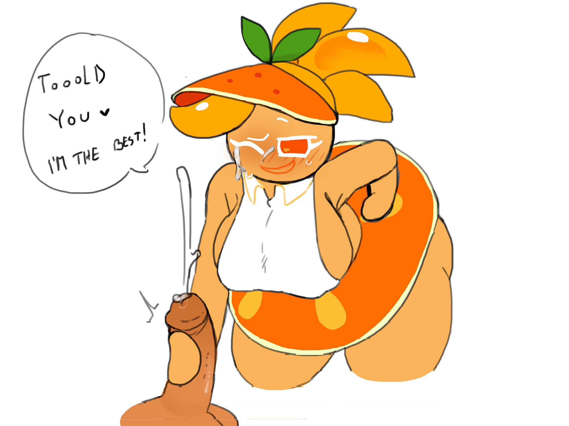 breasts, clothed, clothing, cookie run, cookie run kingdom, cookie run ovenbreak, cum, cum on face, devsisters, dialogue, dress, ejaculation, excited, female, grabbing penis, handjob, magpieredd, male, orange cookie, penis, sideboob, text, unseen male face