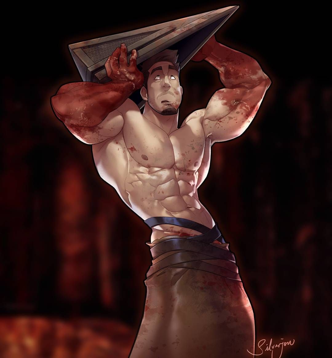 1boy, abs, blood, helmet, male, male only, muscular, pyramid head, silent hill, silent hill (film), silent hill homecoming, silverjow, solo, video games