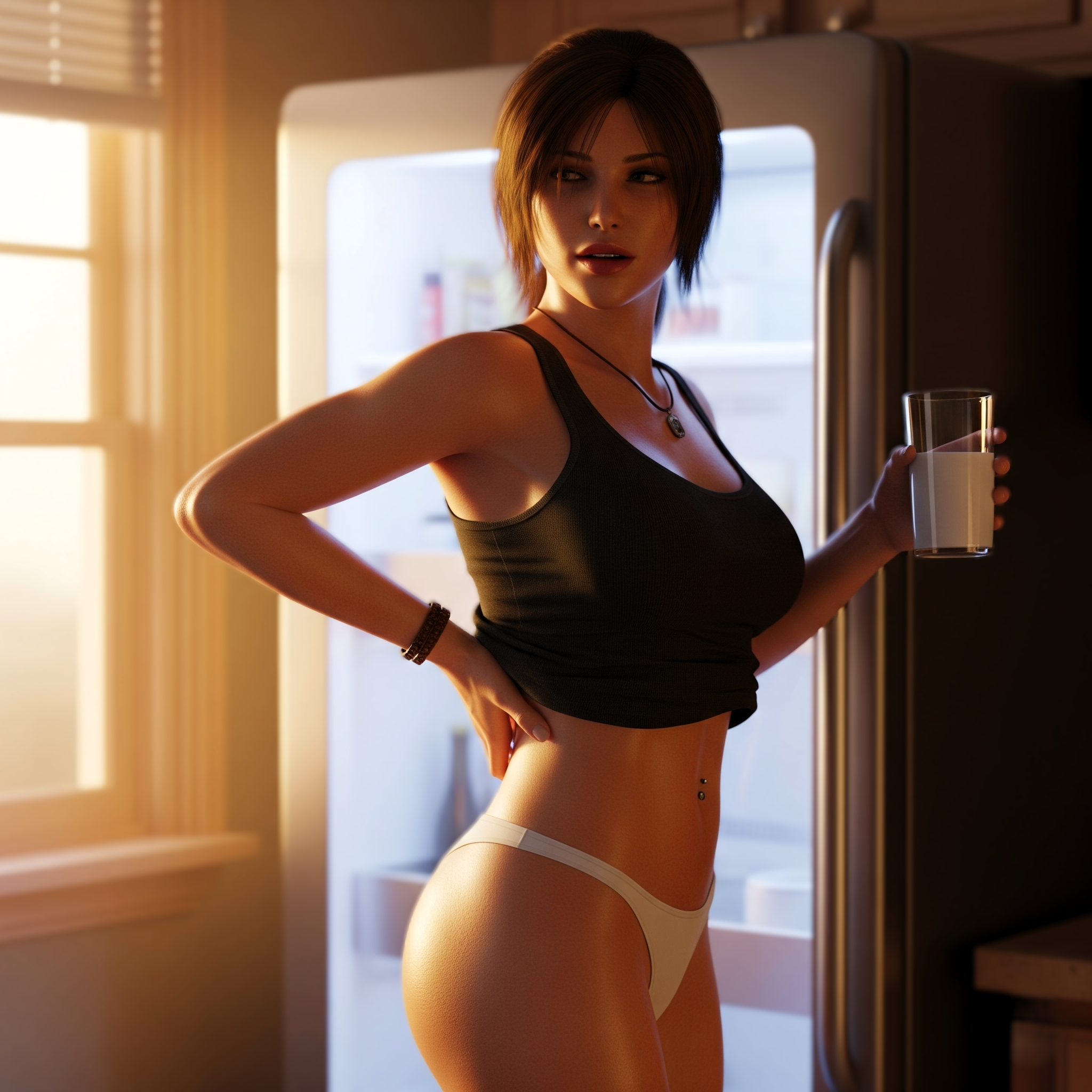 2025, ai generated, beautiful, cute, cute face, drinking, female, fit, fit female, hand on hip, highres, lara croft, lara croft (survivor), leshay7, morning, navel piercing, necklace, perfect body, perfect legs, piercing, ponytail, realistic, seductive, seductive look, tank top, thong, thong bikini, tomb raider, tomb raider (survivor), toned female, toned legs