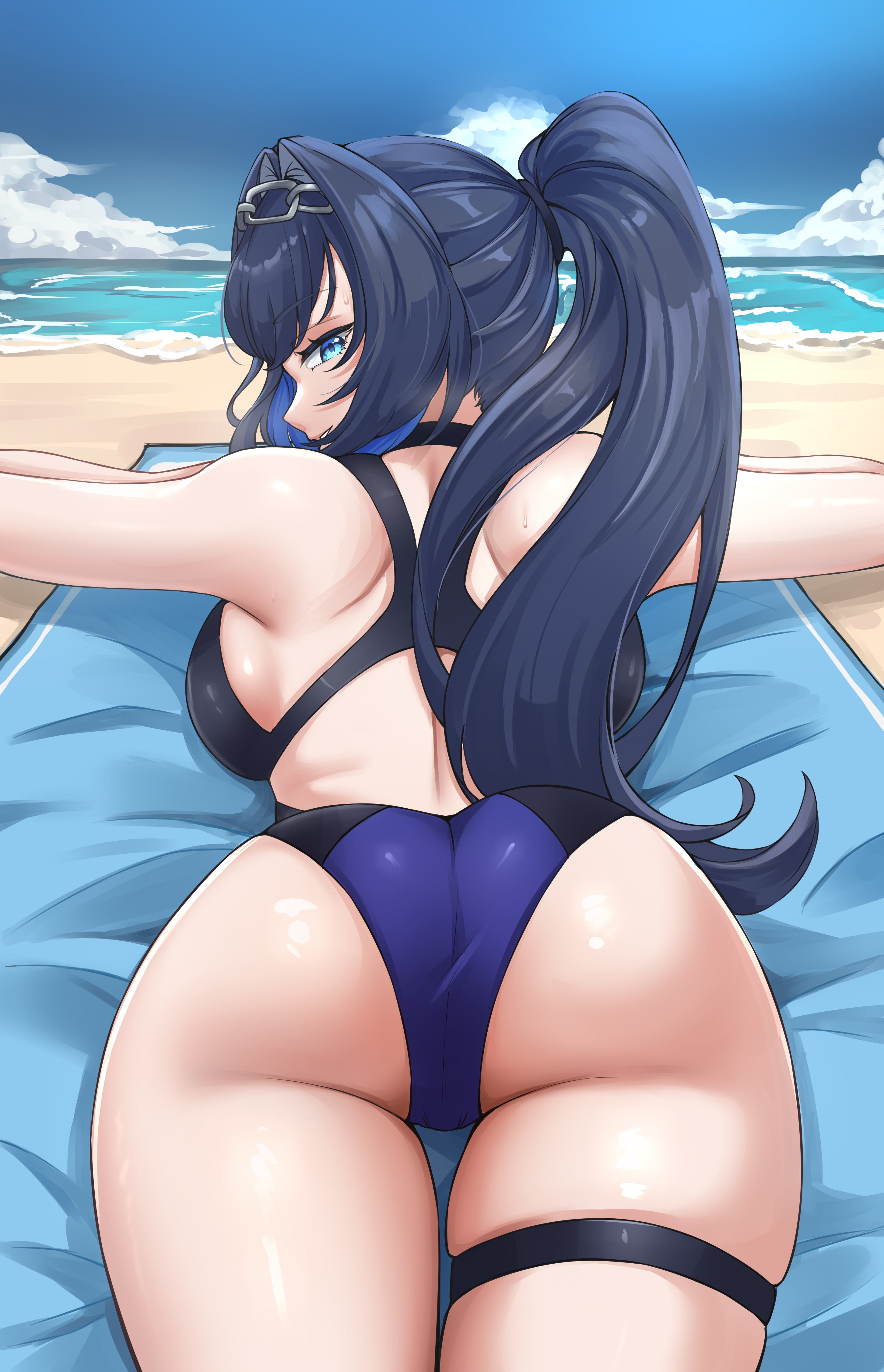 1girls, 2025, absurd res, absurdres, ass, back view, backboob, bare shoulders, beach, big ass, blue eyes, blue hair, breasts, dark hair, female, female only, hair intakes, hi res, high resolution, highres, hololive, hololive english, hololive english -council-, hololive english -promise-, huge ass, large ass, large breasts, laying down, laying on stomach, long hair, looking at viewer, one eye obstructed, ouro kronii, ouro kronii (holonatsu paradise outfit), ponytail, shinoillust, solo, sweat, swimsuit, tagme, thick thighs, thighs, tied hair, towel, virtual youtuber