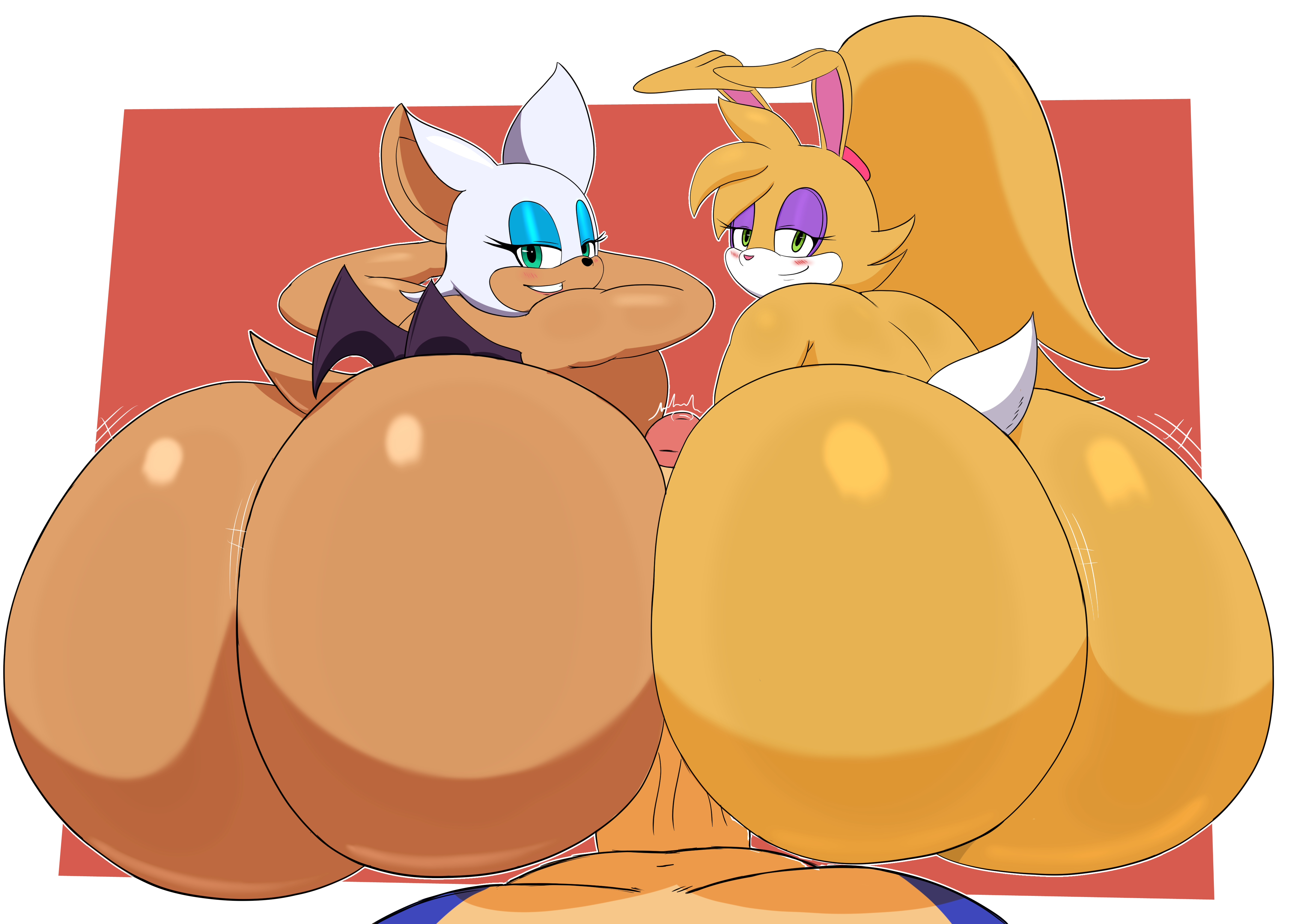 1boy, 2girls, 2girls1boy, anthro, ass, ass bigger than head, ass focus, assjob, atomarts, back view, bat, bat wings, bending over, big ass, big breasts, big butt, big penis, breasts, bubble ass, bubble butt, bunnie rabbot, bunny ears, bunny girl, bunny tail, buttjob, curvy, curvy female, double buttjob, eyebrows, female, green eyes, hot dogging, looking at viewer, looking back, male, motion lines, nude, nude female, orange body, orange fur, penis, pov, rouge the bat, sega, simple background, smile, smiling, smiling at viewer, sonic (series), sonic the hedgehog, sonic the hedgehog (series), tagme, thick ass, thick thighs, voluptuous, voluptuous female, white hair, yellow body, yellow hair