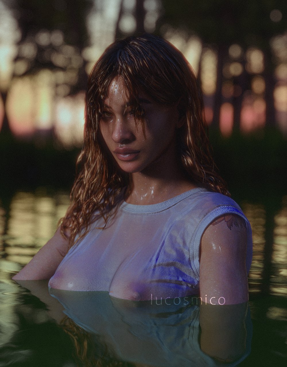 1girls, 2025, 3d, 3d (artwork), behaviour interactive, breasts, brown body, brown eyes, brown hair, brown-skinned female, clothed, clothing, dbd, dead by daylight, female, female only, looking at viewer, lucosmico, naked, naked female, nature, nature background, nipples, nipples visible through clothing, nude, outdoors, partially submerged, shirt, solo, tagme, tattoo, thalita lyra, tits, trees, water, wet, wet clothes, wet hair, wet shirt, wet skin