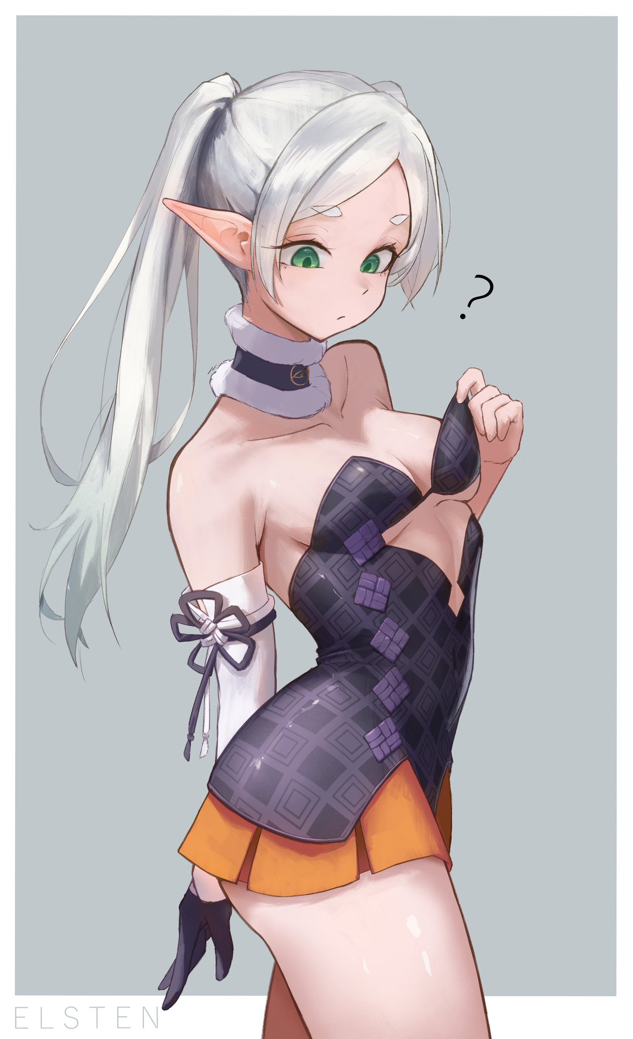 1girls, elf, elf ears, elf female, elf girl, female, female only, frieren, frieren beyond journey's end, green eyes, sexy clothing, solo, sousou no frieren, white hair