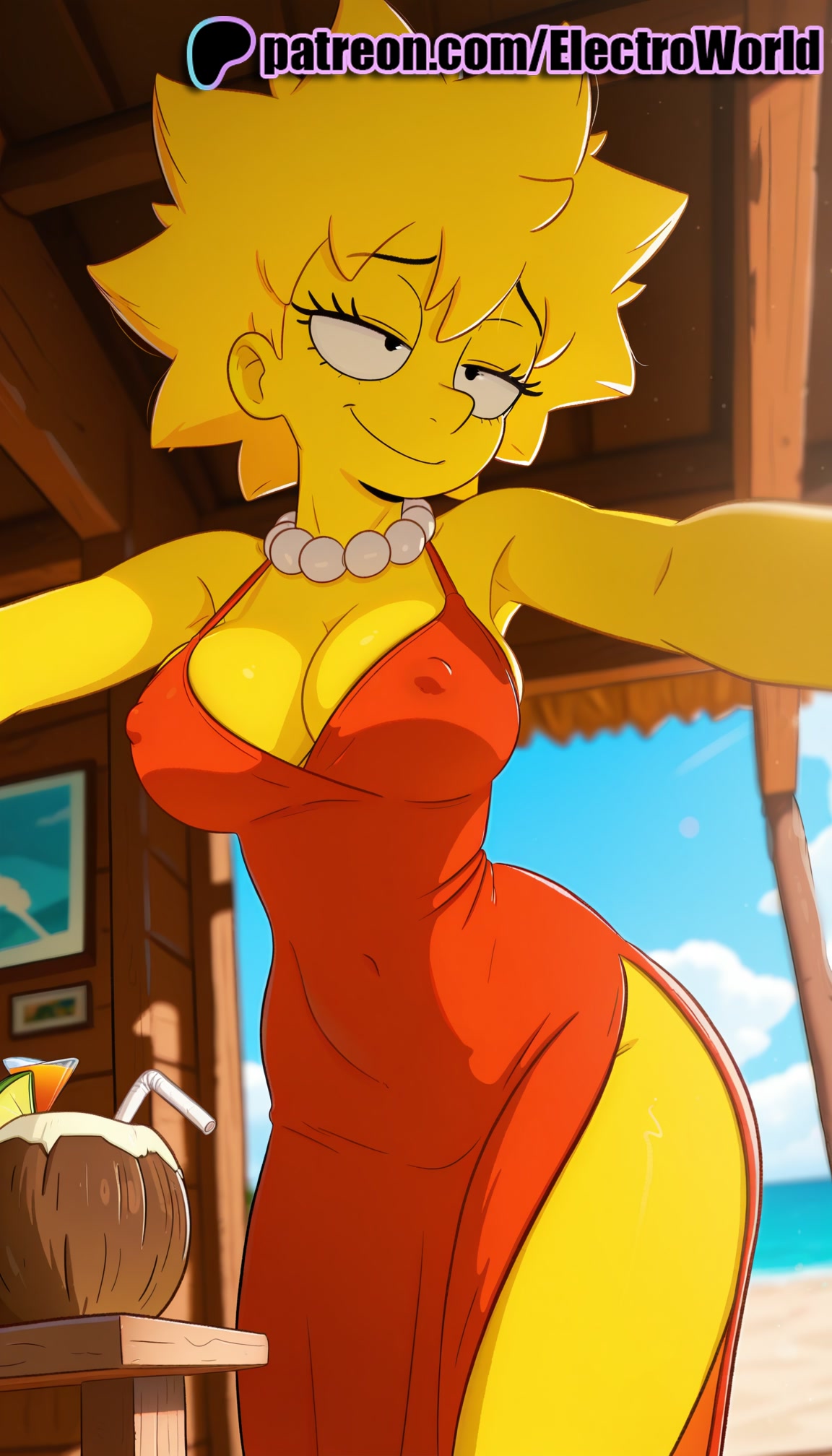 1girls, 2025, 2025s, 20th century fox, 20th century studios, ai art, ai generated, ai-created, artist name, bare shoulders, belly button, belly button visible through clothing, black eyes, blue sky, breasts, bust, chest, clothed, clothing, cloud, clouds, coconut, coconut drink, covered belly button, covered navel, covered nipples, dress, drink, electroworld, eyebrows, eyelashes, female, female focus, female only, hi res, high quality, high resolution, highres, illustrious (stable diffusion), jewelry, lisa simpson, navel, navel visible through clothes, necklace, no bra, ocean, patreon, patreon username, pearl necklace, pony diffusion (model), pony diffusion xl, red dress, sand, short hair, sky, solo, solo female, solo focus, stable diffusion, the simpsons, water, watermark, yellow body, yellow hair, yellow skin