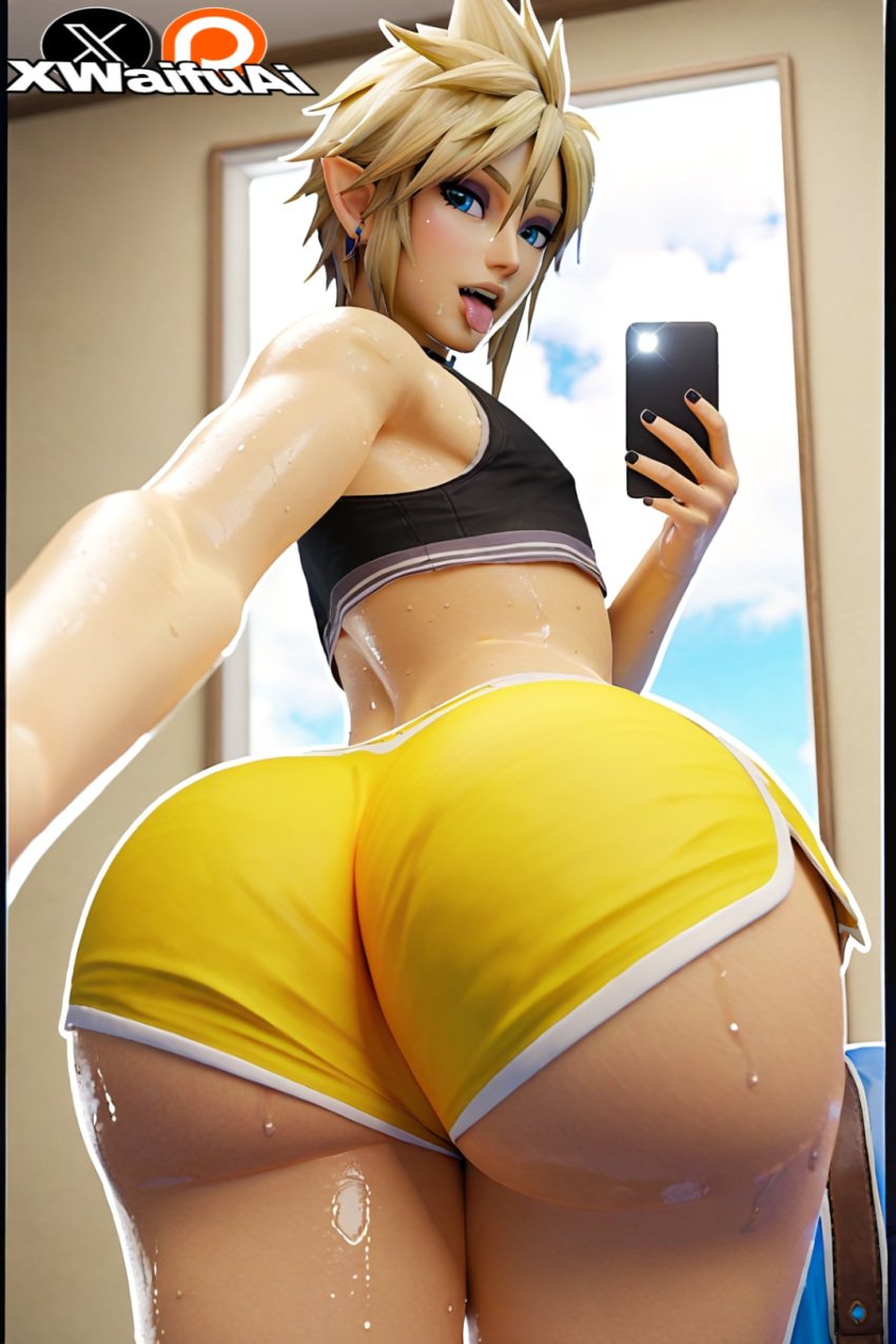 1boy, 1femboy, 3d, ai generated, ass, ass focus, blonde hair, bottom heavy, bottom heavy femboy, bottom heavy male, breasts, busty, crossdressing, curvy, curvy figure, cute, enormous ass, femboy, femboy focus, femboy only, gay, huge ass, huge thighs, light skin, light-skinned femboy, light-skinned male, link, link (breath of the wild), looking at viewer, male, male focus, male only, selfie, shorts, sissy, smartphone, standing, the legend of zelda, thick ass, thick thighs, wet body, xwaifuai, yellow shorts