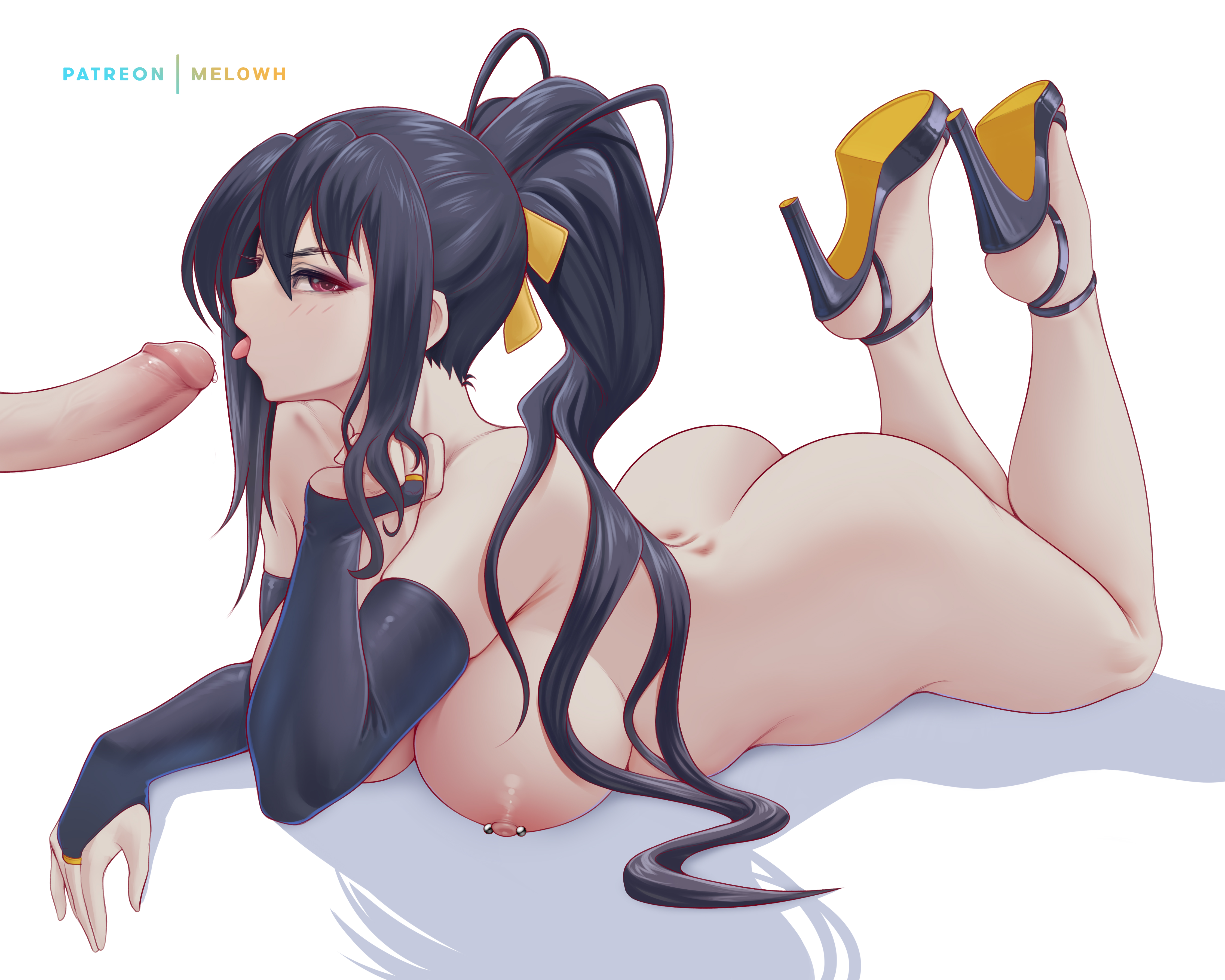 1girls, akeno himejima, areolae, armwear, ass, big ass, big breasts, bikini, blowjob, blowjob face, blue hair, breasts, feet, feet up, female, handwear, high heels, high school dxd, huge ass, huge breasts, light skin, light-skinned female, lying, lying on stomach, male, melowh, naked footwear, nipple piercing, nipples, panties, penis, pierced nipples, piercing, piercings, red eyes, solo, thick thighs, thighs