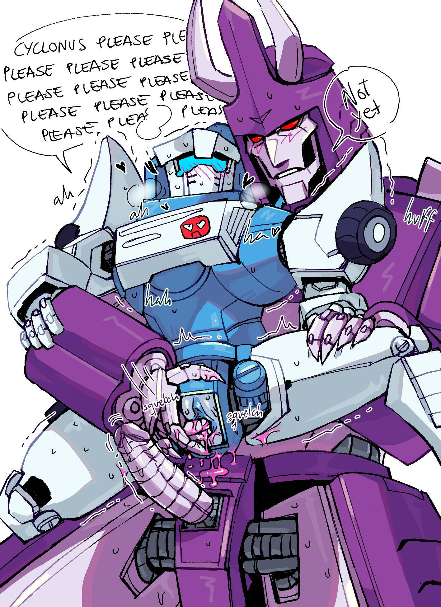 2boys, begging, begging for sex, cyan body, cyclonus, dialogue, erect penis, erection, female, fingering, fingering pussy, gay, gay sex, holding, male, masturbating other, metallic body, moaning, no mouth, penis, purple body, pussy, reach around, red eyes, robot, robot boy, robot joints, robot penis, size difference, tailgate, transformers, transformers idw, valveplug, vasnut, visor, yaoi