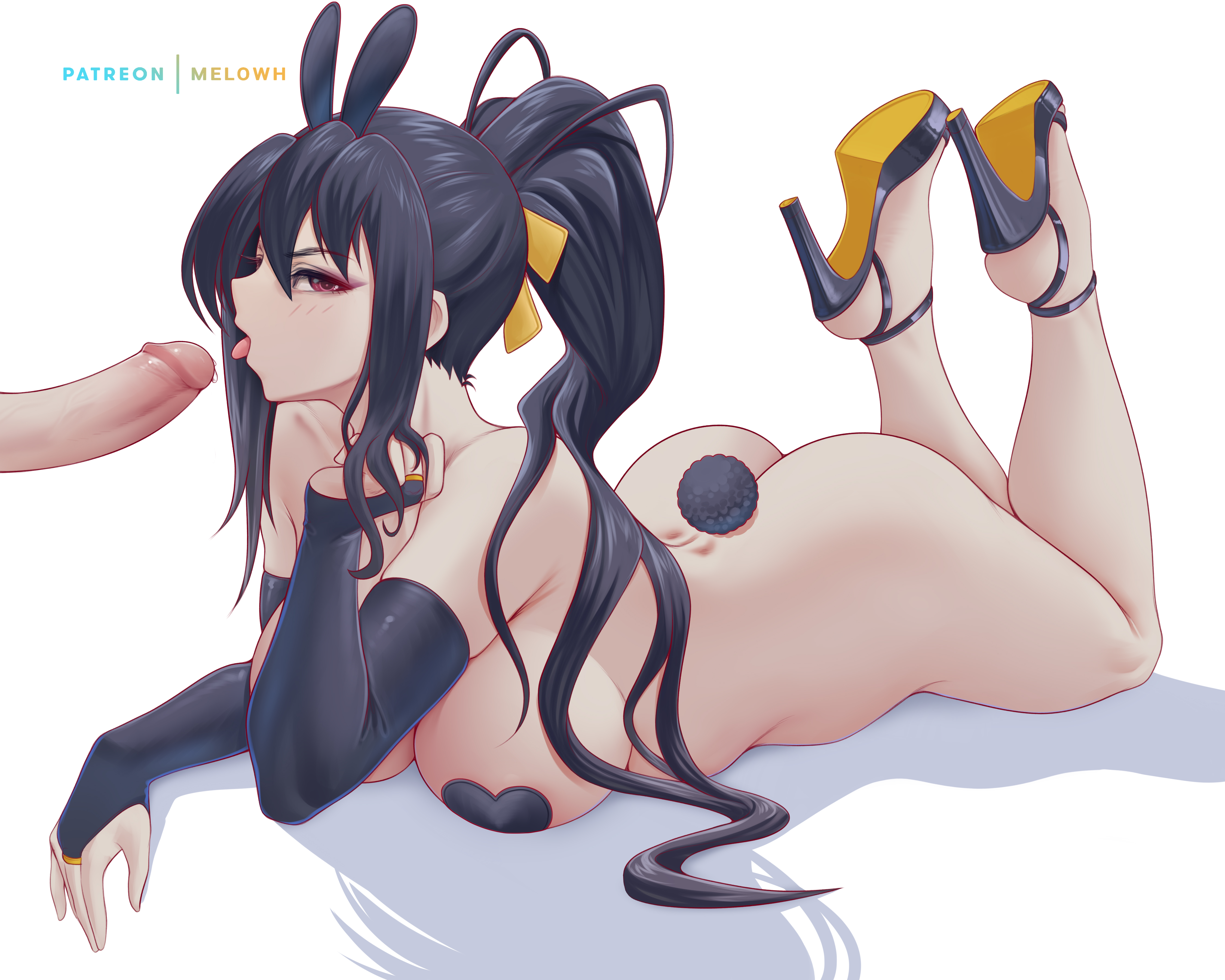 1girls, akeno himejima, areolae, armwear, ass, big ass, big breasts, bikini, blowjob, blowjob face, blue hair, breasts, bunny ears, bunny tail, feet, feet up, female, handwear, high heels, high school dxd, huge ass, huge breasts, light skin, light-skinned female, lying, lying on stomach, male, melowh, panties, pasties, penis, red eyes, solo, thick thighs, thighs