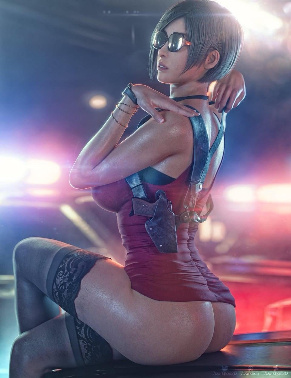 ada wong, ada wong (adriana), asian, asian female, ass, ass exposed, ass focus, black hair, bob cut, choker, darkhan3d, dress, female, holstered pistol, holstered weapon, jewelry, legs crossed, paag, partially clothed, partially clothed female, pose, posing, red dress, resident evil, resident evil 2, resident evil 2 remake, stockings, sunglasses, tactical gear, tinted eyewear, watch, wrist watch