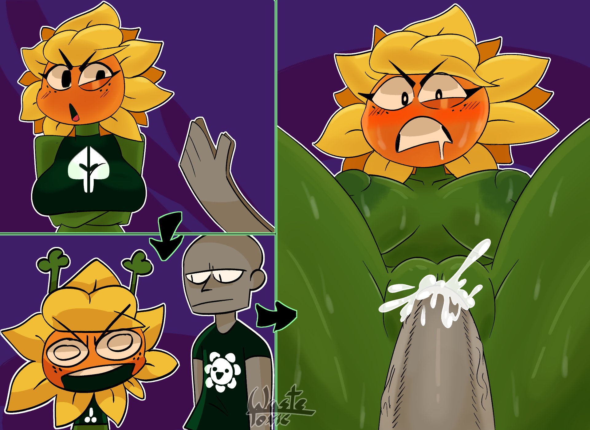 angry, angry face, angry sex, big breasts, blush, breasts, clenched teeth, comic, cum, cum in pussy, cum inside, dubious consent, english, english text, female, female focus, flora fauna, flower, green body, green nipples, green skin, grey body, instant loss 2koma, plant, plant girl, plant humanoid, plantie, plants vs zombies, plants vs zombies: heroes, pussy, pvz, questionable consent, sex, solar flare (pvz), sunflower (pvz), vagina, vaginal penetration, wastetoxic nsfw, zombie (pvz)