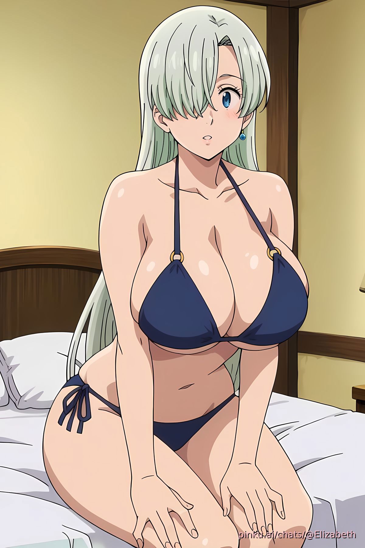 ai generated, big breasts, bikini, blush, breasts, elizabeth liones, female, gray hair, long hair, nanatsu no taizai, navel, seven deadly sins, sexy, thick thighs