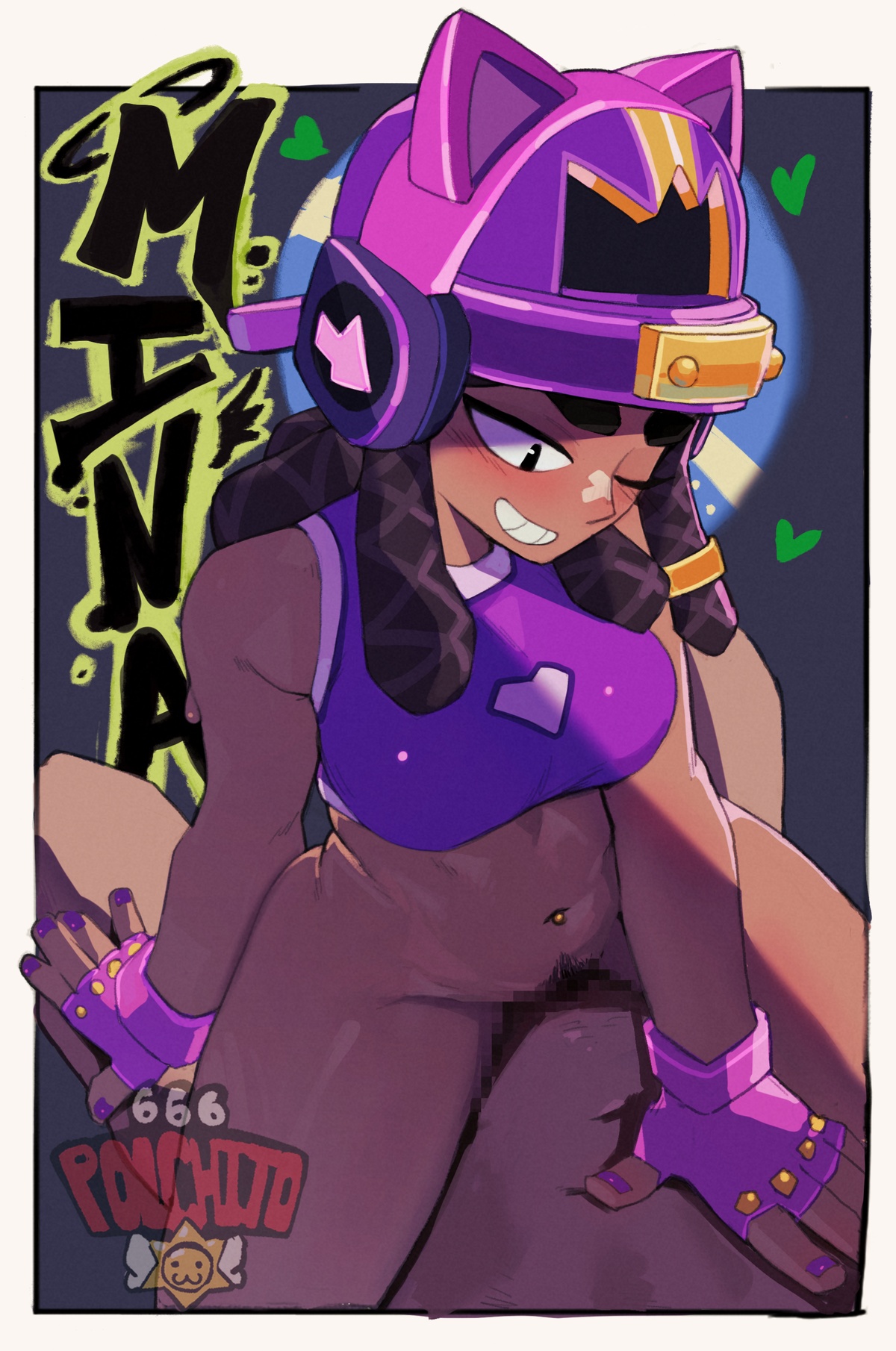 bandage on face, beatchaser mina (brawl stars), bottomless female, brawl stars, female, femdom, mina (brawl stars), one eye closed, penis, polchito, riding penis, sports bra