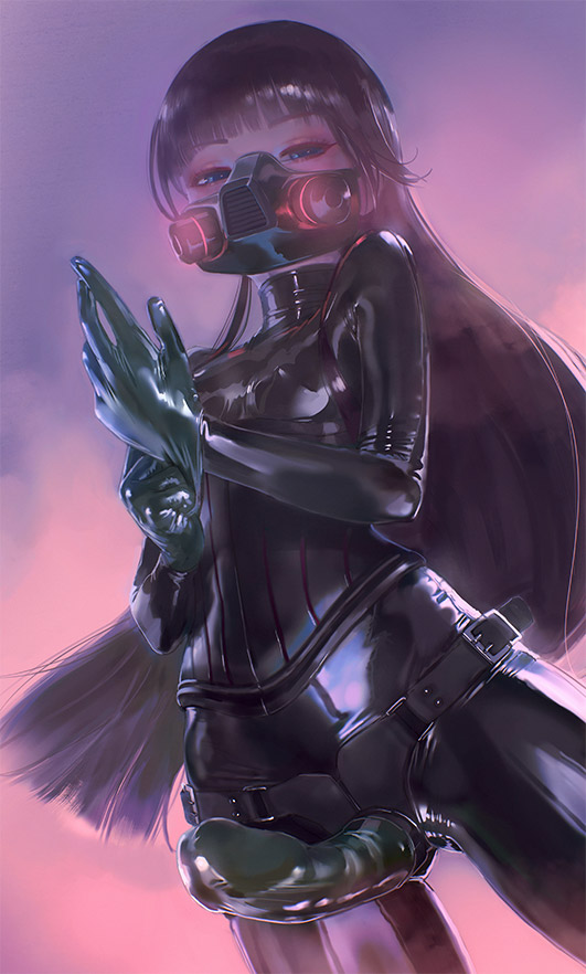1=2, 1girls, black bodysuit, black hair, black-haired female, blue eyes, blue-eyed female, bodysuit, chloe (1=2), clothed female, commission, corset, eyes open, female, female only, front view, gas mask, glove, gloves, green gloves, latex, latex gloves, latex suit, light skin, light-skinned female, long hair, long-haired female, looking at viewer, looking down, looking down at viewer, low-angle view, mask, original, original character, presenting strap-on, putting on gloves, sex toy, shiny, shiny clothes, solo, standing, strap-on, strapon