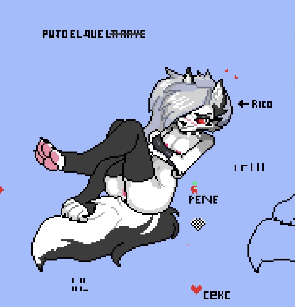 blush, boob squish, boobs out, breasts, female, fox, fox girl, helluva boss, loona (helluva boss), one eye covered, paws, pixel art, pussy, pussy peek, tail, wplace