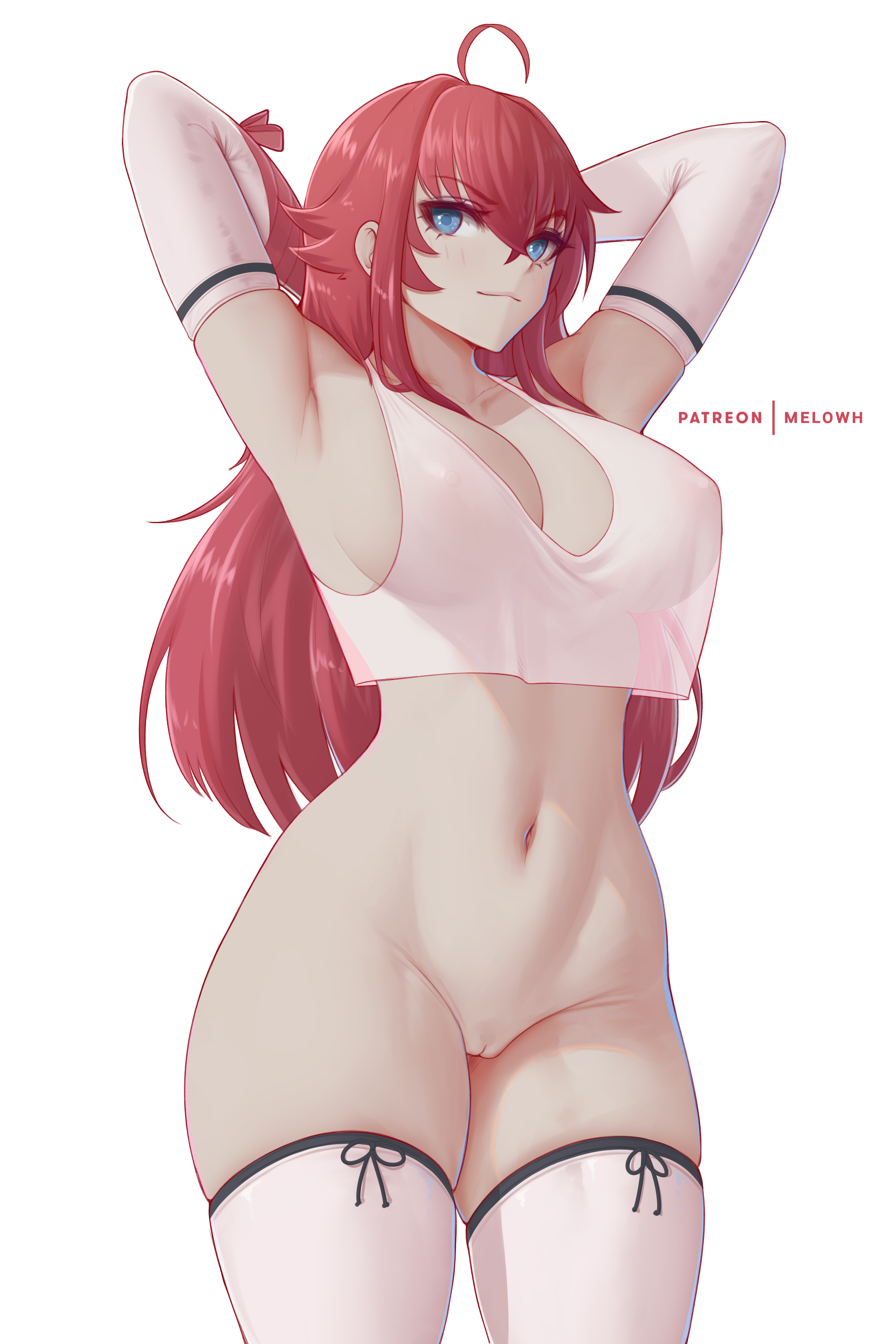 1girls, armpits, arms behind head, armwear, big breasts, blue eyes, breasts, busty, female, female only, hi res, high quality, high resolution, high school dxd, highres, large breasts, legs, light skin, light-skinned female, long hair, looking at viewer, melowh, navel, partially clothed, red hair, rias gremory, see-through, sensual, sexy armpits, smile, solo, thick thighs, thigh socks, thighhighs, thighs, topwear, white socks