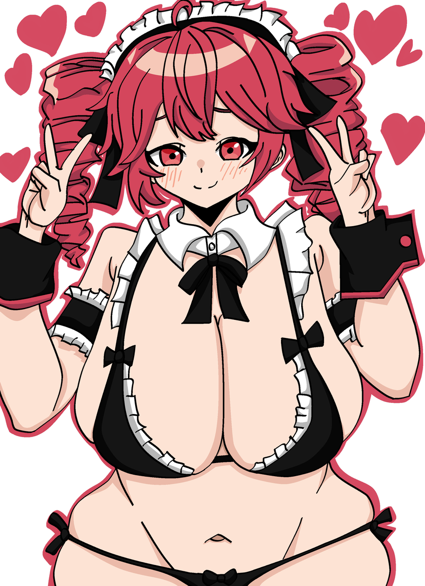 1girls, 2d, 2d (artwork), arm strap, artist request, belly, big breasts, big thighs, bikini, blush, blush lines, breasts, cleavage, curvaceous, curvy, curvy female, curvy figure, detached collar, detached cuffs, double v, female, female only, heart, hearts around head, huge breasts, huge thighs, kasane teto, large breasts, large thighs, maid, maid bikini, maid headdress, micro bikini, navel, peace sign, red eyes, red hair, simple background, skindentation, smile, solo, solo female, thick thighs, thighs, top heavy, twin drills, utau, voluptuous, voluptuous female, white background, wide hips
