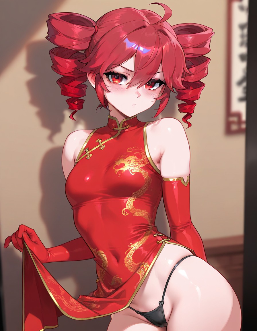 1girls, ahoge, ai generated, armwear, bare shoulders, blush, breasts, chinese clothes, chinese dress, curvy, curvy female, curvy figure, dress, dress lift, embarrassed, embarrassed female, female, female only, g-string, gloves, kasane teto, mjcgens, navel, navel visible through clothes, partially visible vulva, petite, petite body, petite female, pose, posing, pussy, red eyes, red hair, revealing clothes, revealing dress, skinny, skinny female, slim female, slim waist, small breasts, solo, solo female, thick thighs, thighs, thong, tight clothing, tight dress, twin drills, utau, vulva, wide hips