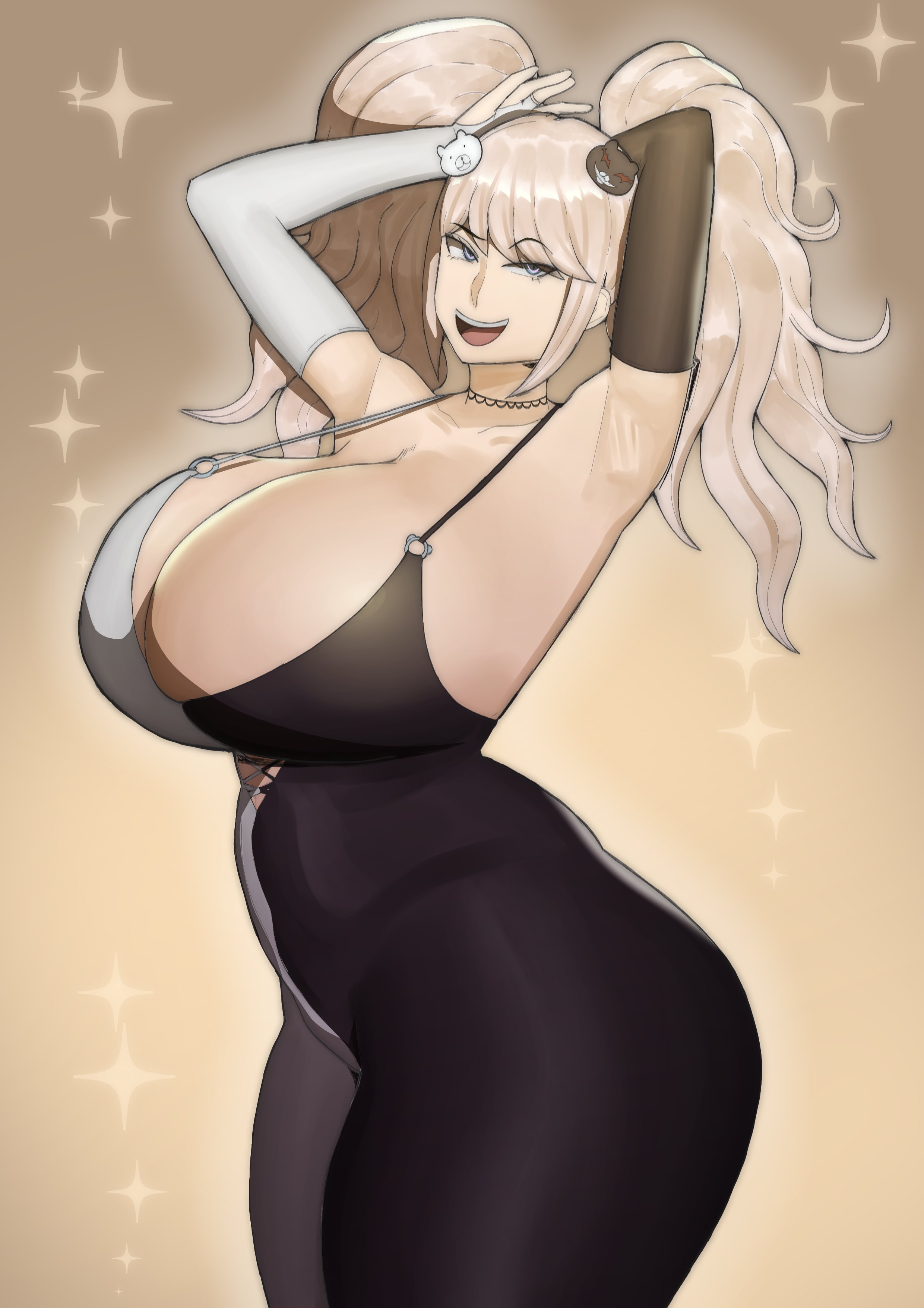 1girls, alternate costume, armpits, arms up, ass, ass bigger than head, big ass, big breasts, black and white clothing, breasts, breasts bigger than head, cleavage, clothed, clothed female, danganronpa, danganronpa: trigger happy havoc, doublehero, dress, female, female only, huge ass, huge breasts, junko enoshima, solo, solo female, sparkles, that one random junko dress trend, thick thighs, thighs, tight clothing, tight fit
