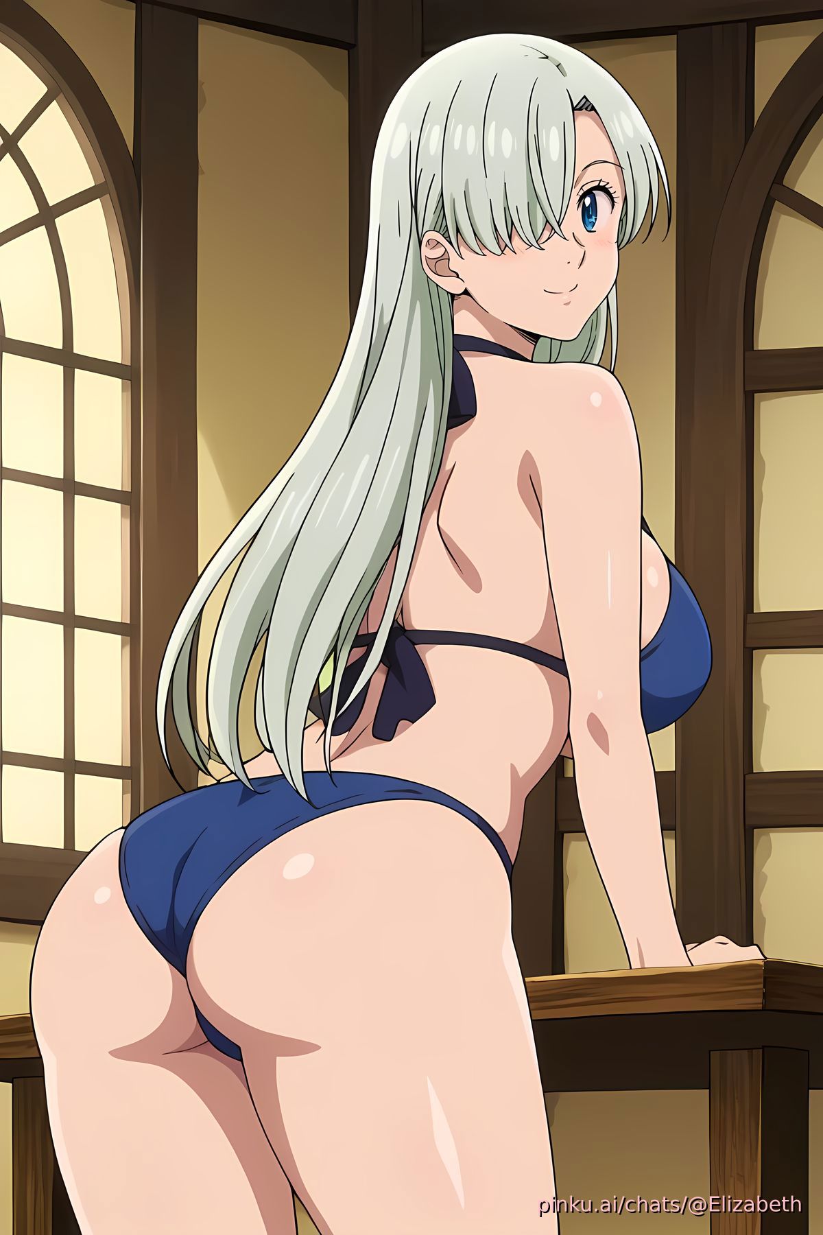 ai generated, ass, big ass, big breasts, bikini, breasts, elizabeth liones, female, long hair, looking back, nanatsu no taizai, seven deadly sins, sexy, thick thighs