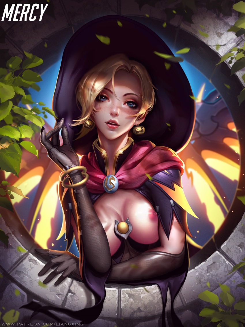 alternate costume, areolae, blue eyes, breasts, earrings, female, gloves, liang xing, looking at viewer, mercy, overwatch, witch, witch hat, witch mercy
