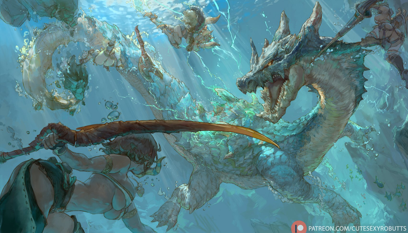 2d, 4girls, ass, big ass, big breasts, big butt, big thighs, bikini armor, breasts, capcom, cutesexyrobutts, female, feral, hi res, highres, lagiacrus, lance, monster, monster hunter, revealing clothes, sword, thighs, underwater