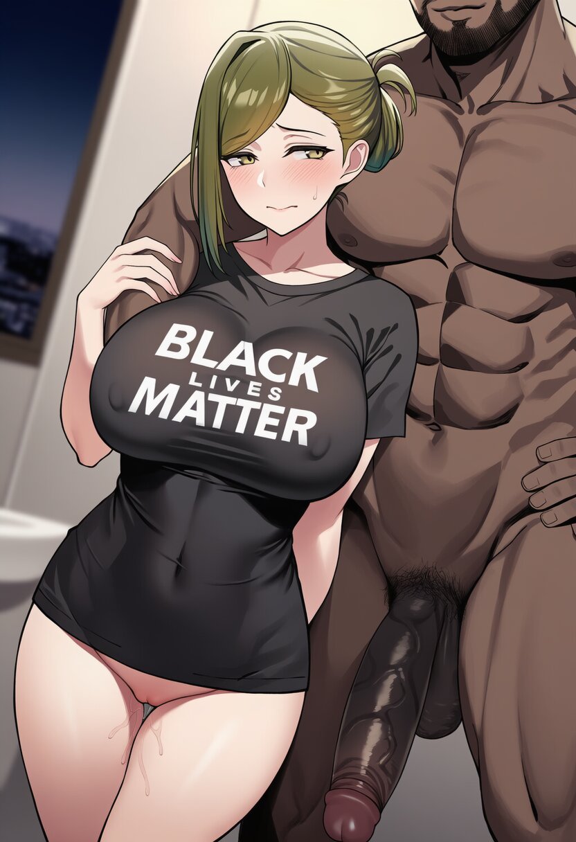 1boy1girl, ai generated, arm around shoulder, black lives matter, black shirt, blush, bottomless, breasts, cheating, covered nipples, cuckold, curvy, dark skin, dark-skinned male, dubious consent, female, flaccid, huge cock, idolmaster, idolmaster shiny colors, imminent sex, interracial, large breasts, large penis, light skin, light-skinned female, long penis, looking away, male, muscular, muscular male, nanakusa hazuki, nervous, netorare, ntr, penis, pussy, pussy juice, size difference, veiny penis, very dark skin
