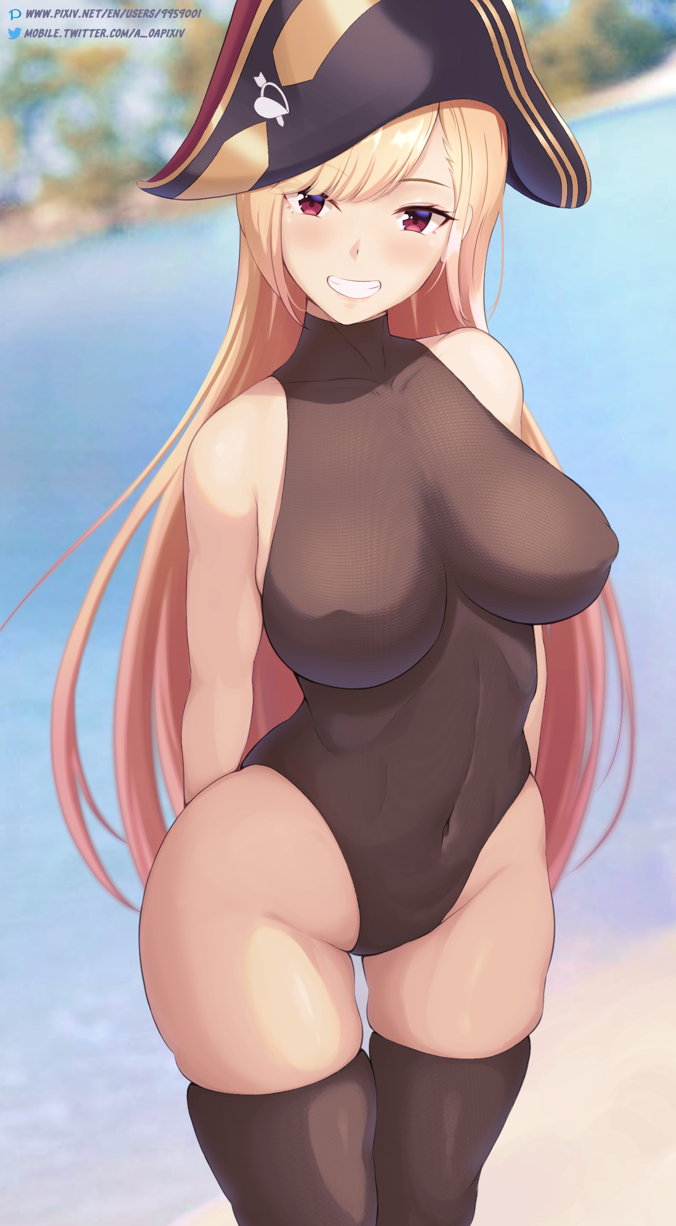 1girls, ass, bare shoulders, big ass, big breasts, big butt, blonde hair, breasts, cute, fat ass, female, female only, gyaru, hat, hololive, hololive fantasy, hololive japan, houshou marine, houshou marine (cosplay), huge ass, kitagawa marin, large ass, large breasts, leotard, long hair, looking at viewer, multicolored hair, nsfw oa, piercing, pirate hat, presenting, red eyes, seductive, seductive look, seductive smile, solo focus, sono bisque doll wa koi wo suru, thick thighs, virtual youtuber, wide hips