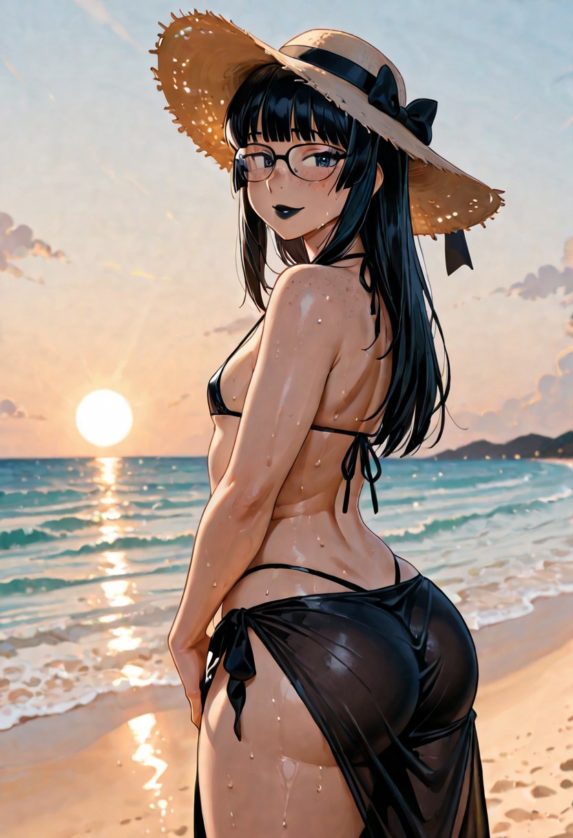 1boy, ai generated, androgynous, beach, big butt, black hair, black-framed glasses, crossdressing, femboy, freckles, glasses, hime cut, male, micro bikini, sarong, smile, smiling, standing, sun hat, thick thighs, wide hips