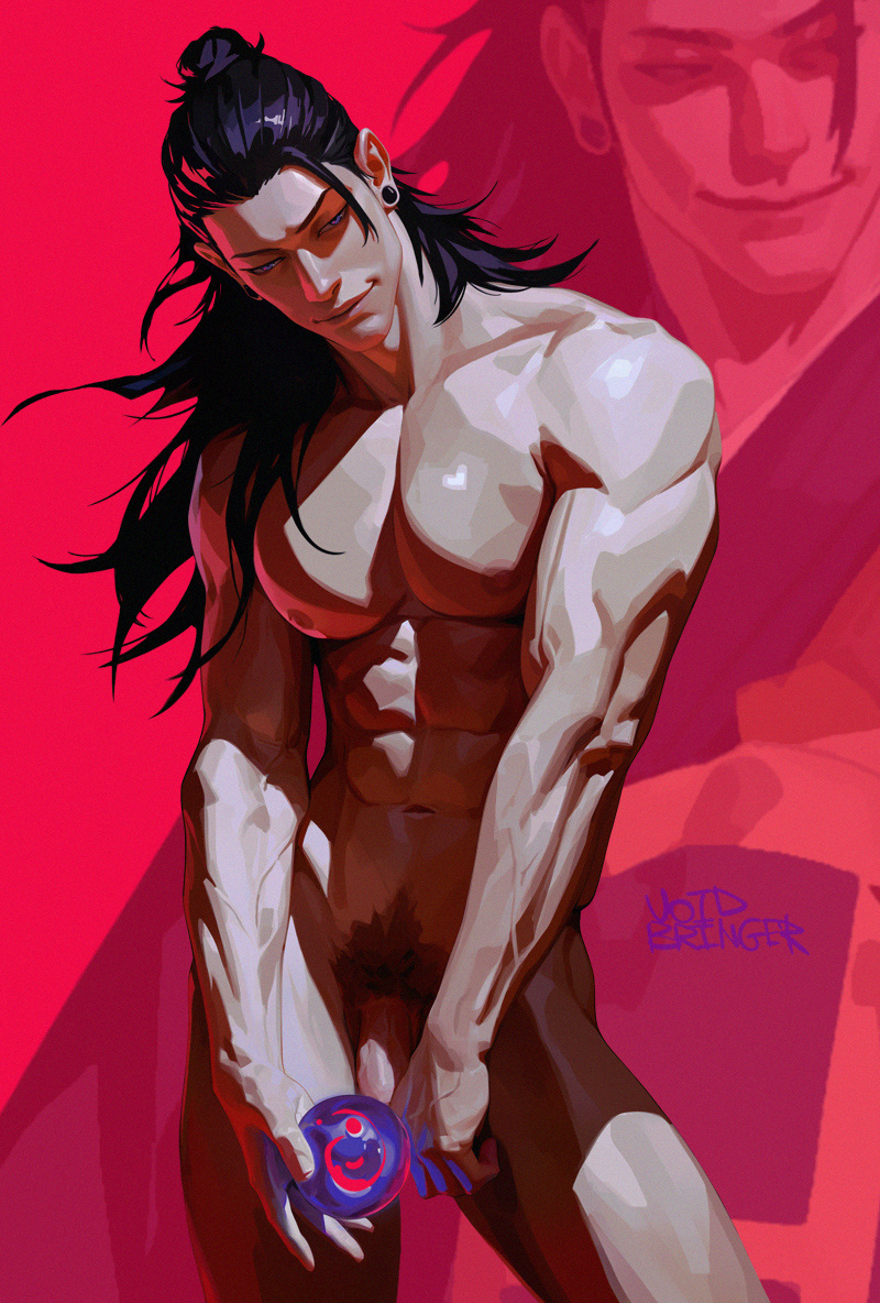 1boy, abs, arms up, artistic, artistic nude, bara, bara tiddies, bara tits, breasts, erect penis, erection, erection under clothes, fully naked, fully nude, genital outline, genitals, jujutsu kaisen, male, male focus, male only, muscular, muscular arms, muscular male, partially visible genitals, pecs, penis, penis out, pinup, pubes, pubic hair, six pack, solo, solo focus, solo male, suguru geto, tasteful, tasteful nudity, toned, toned body, toned male, toned stomach, voidbringerr, yaoi